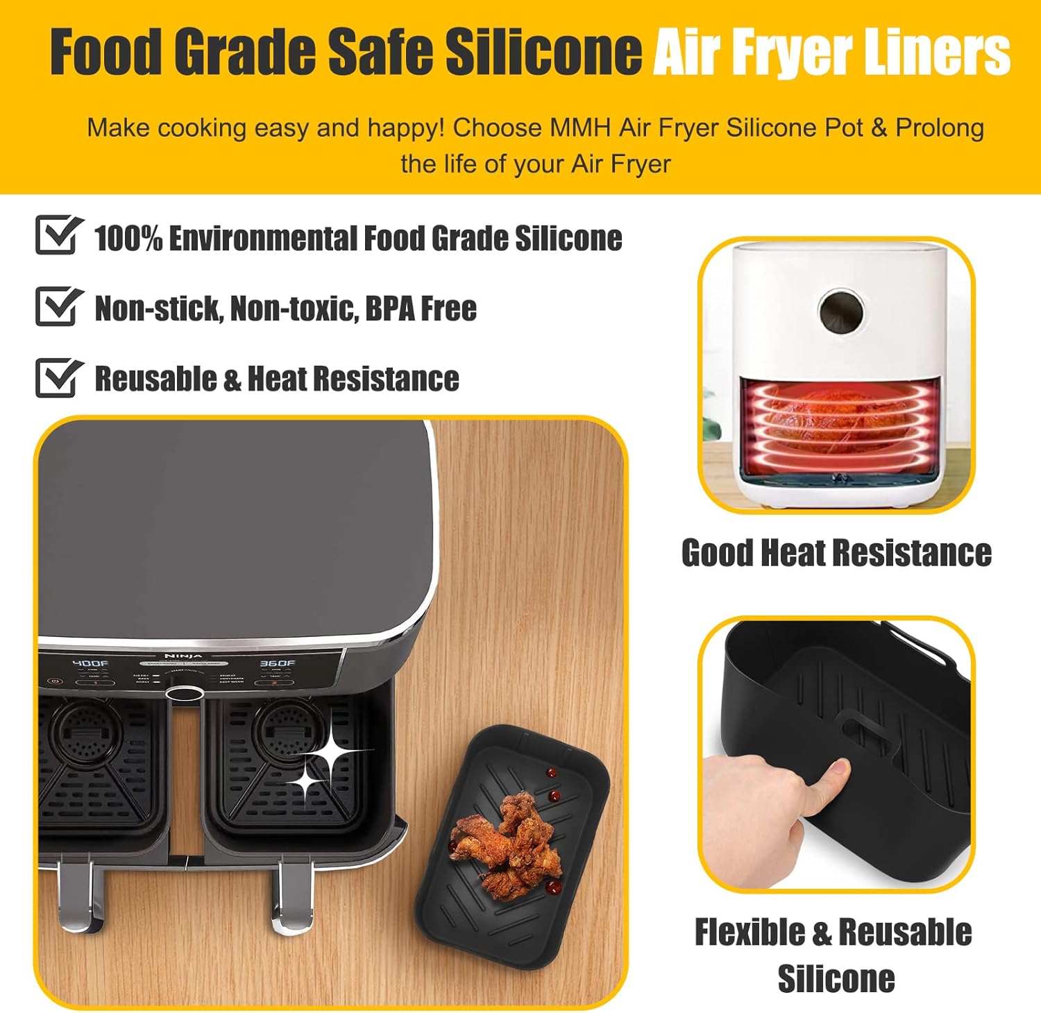 MMH 2Pcs Air Fryer Silicone Pot Rectangular for Ninja Foodi Dual DZ201 8QT,  Reusable Silicone Airfryer Liner Replacement Baking Tr