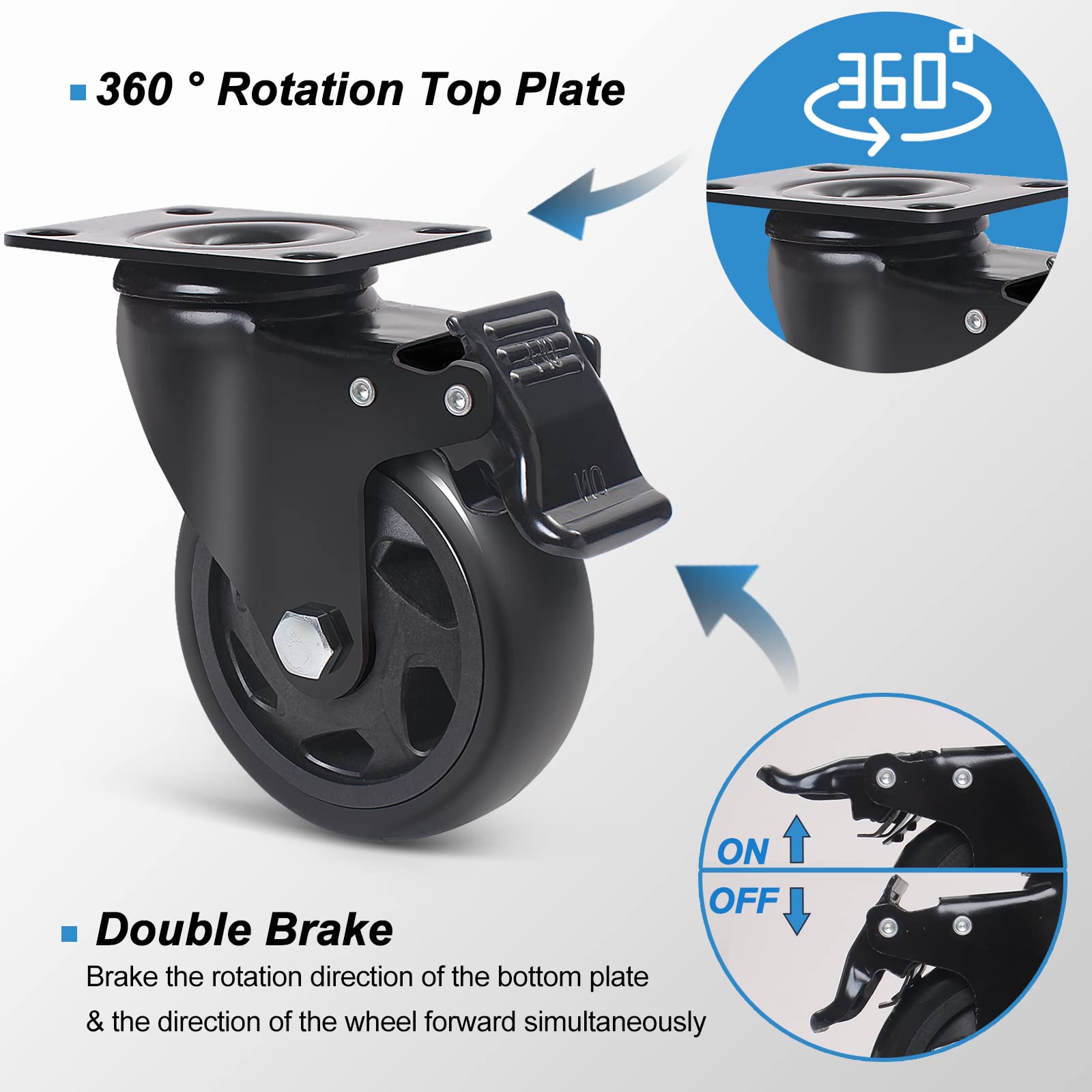 Wieyunn 5 Inch Swivel Caster Wheels Set of 4, Heavy Duty Casters with Brake, Polyurethane Locking Casters for Cart, Workbench and Trolle