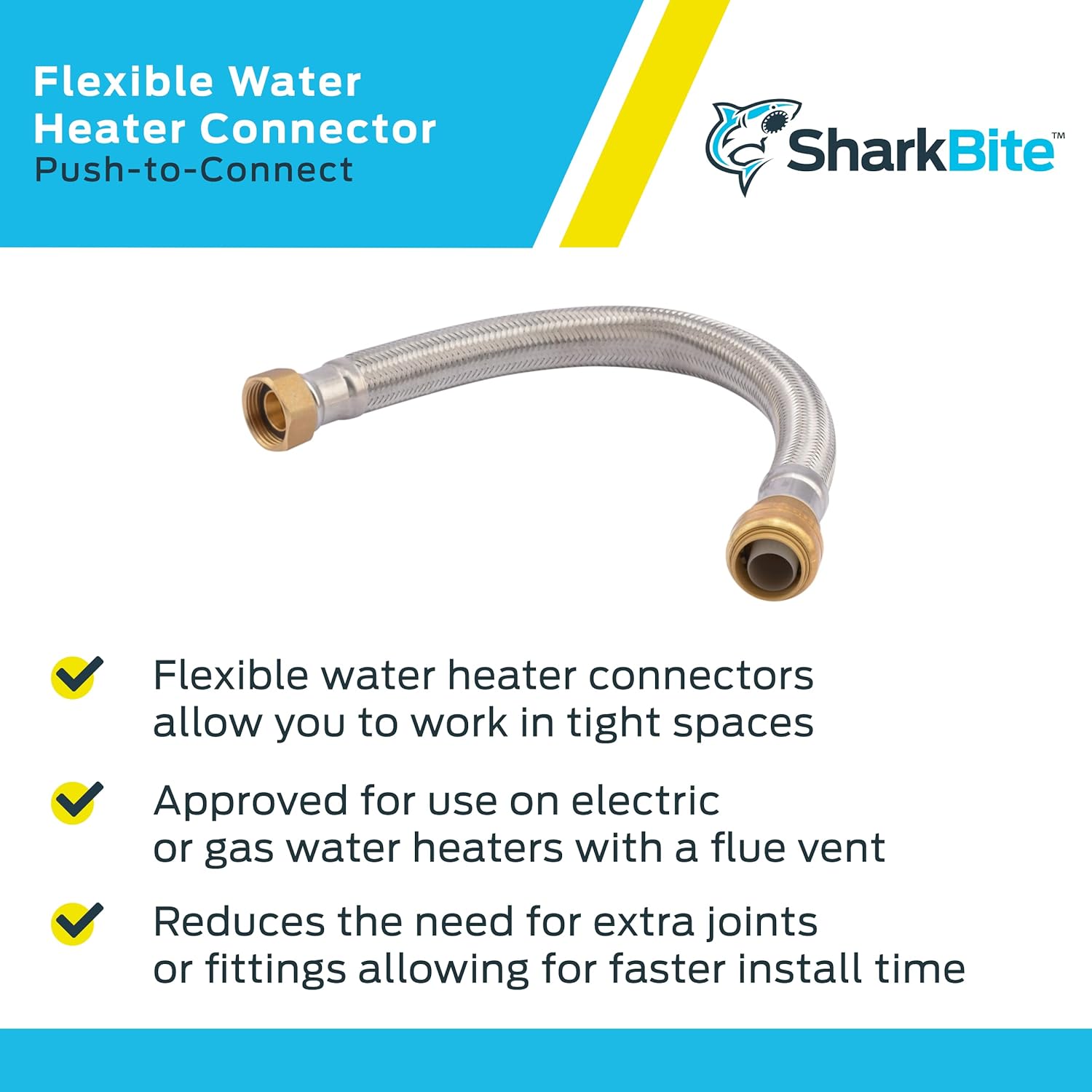 Cash Acme SharkBite 3/4 Inch x 3/4 Inch FIP x 15 Inch Stainless Steel Braided Flexible Water Heater Connector, Push To Connect Brass Plum