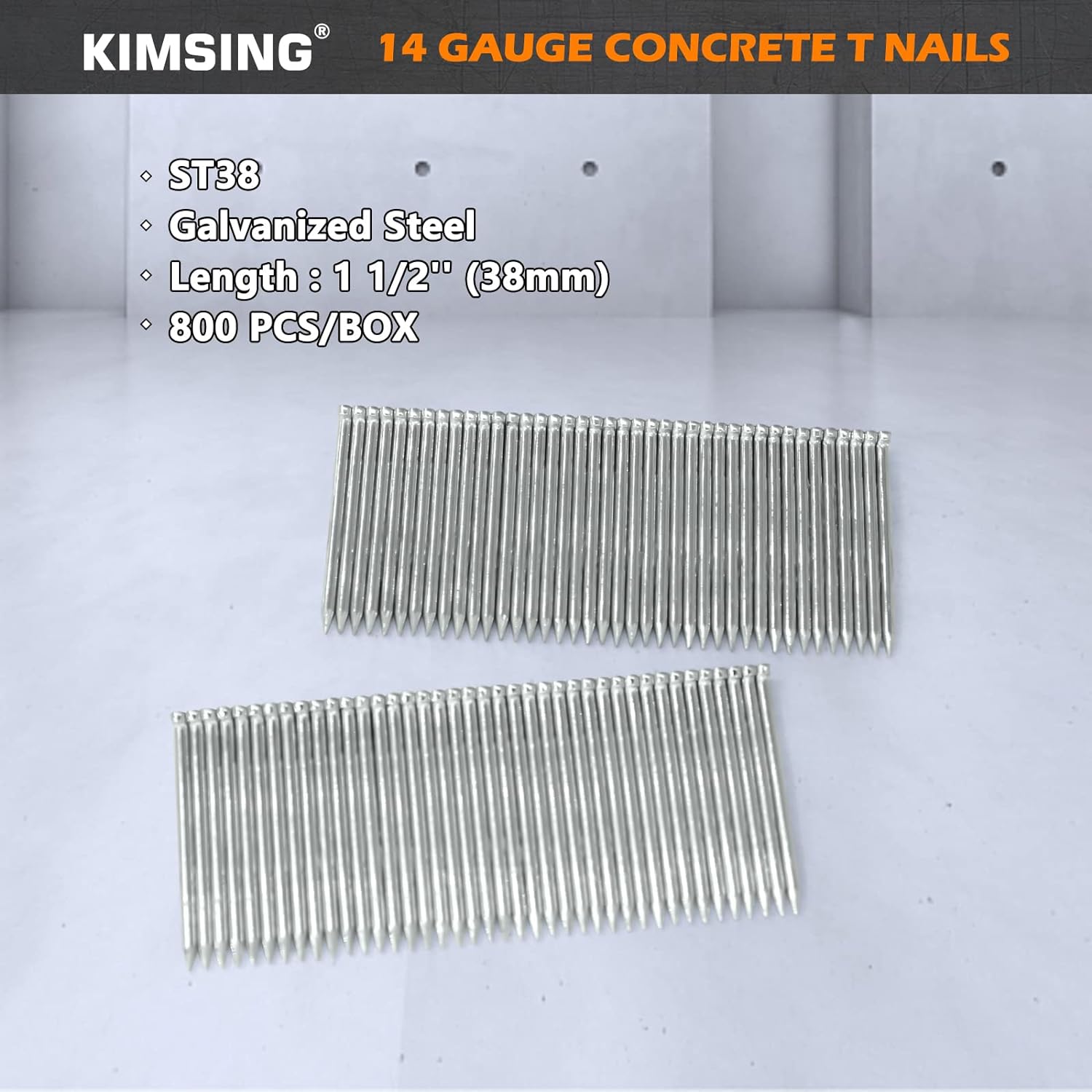 Foshan China-top Silver Buildi KIMSING 14 Gauge Concrete T Nails, 1 1/2&s;&s; (38MM) Length Collated Concrete T Nails, Galvanized, 800 PCS/BOX, Fasteners for Pneu