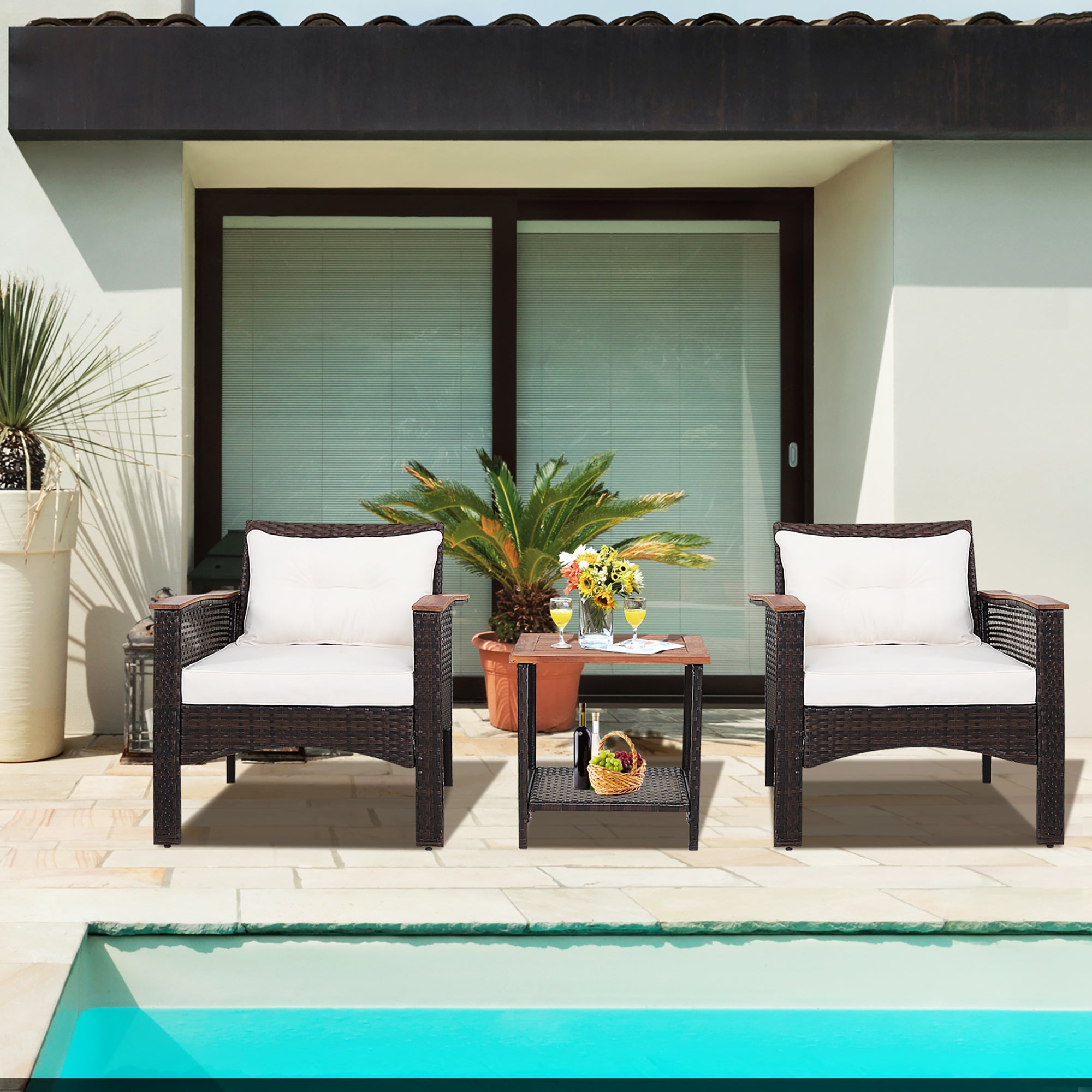 Costway 3PCS Patio Rattan Furniture Set Acacia Wood Table Top W/Shelf Cushioned