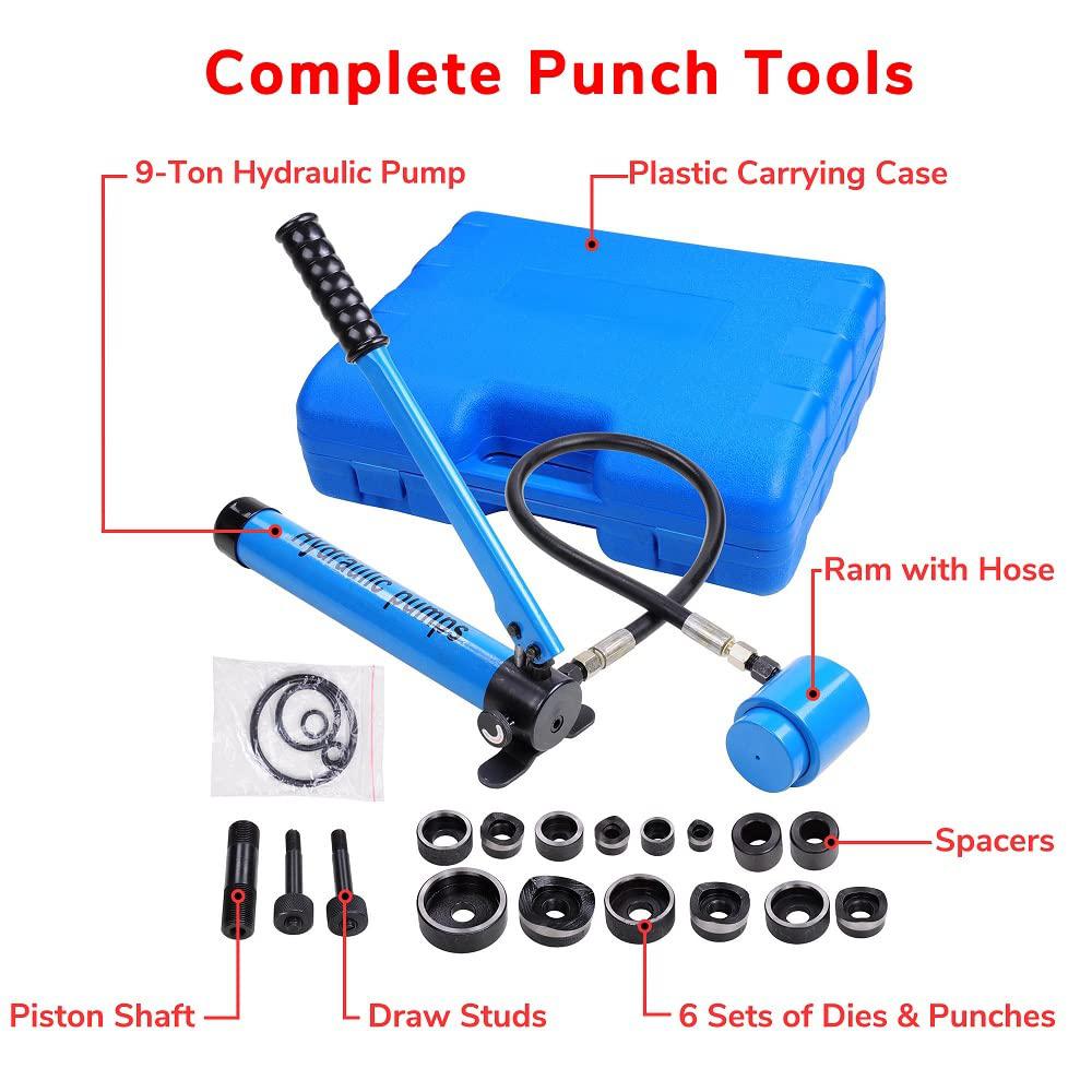 ZeHuoGe 9 ton hydraulic knockout punch press driver kit with 6 dies interchangeable portable case tool set rotatable on/off switch ac