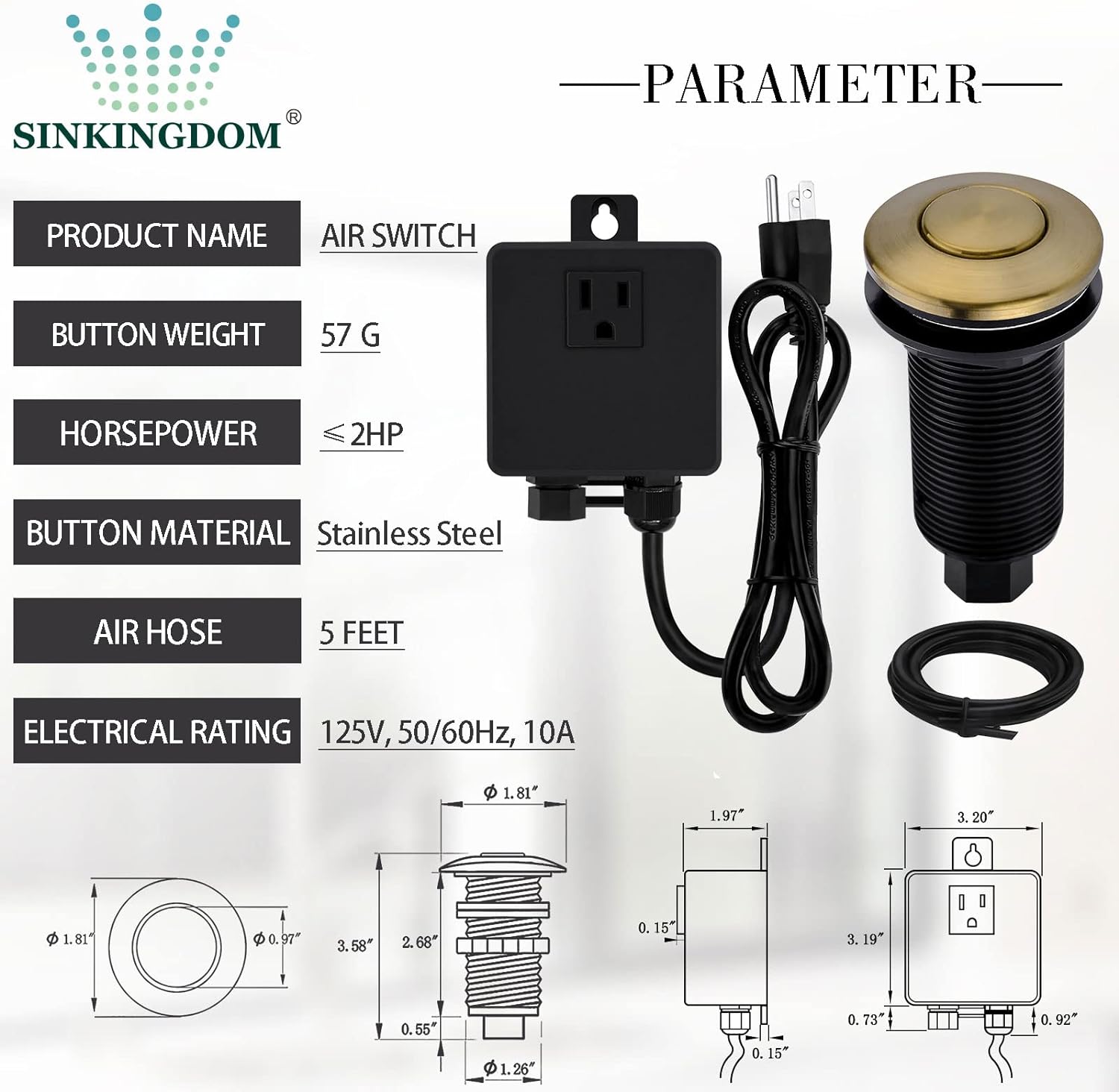 SINKINGDOM Garbage Disposal SinkTop Air Switch Kit with Long Button,Brass Made Cover,Champagne Bronze