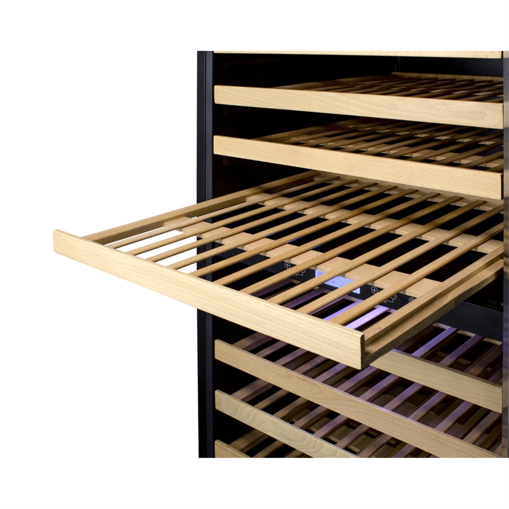 Summit Upright dual zone wine cellar with glass door, digital thermostat, and black cabinet