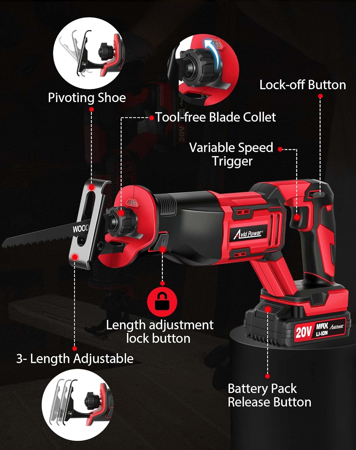 AVID POWER Reciprocating Saw, 20V Cordless Reciprocating Saw with Two 2.0Ah Batteries and Charger, 6 Saw Blades, Variable Speed
