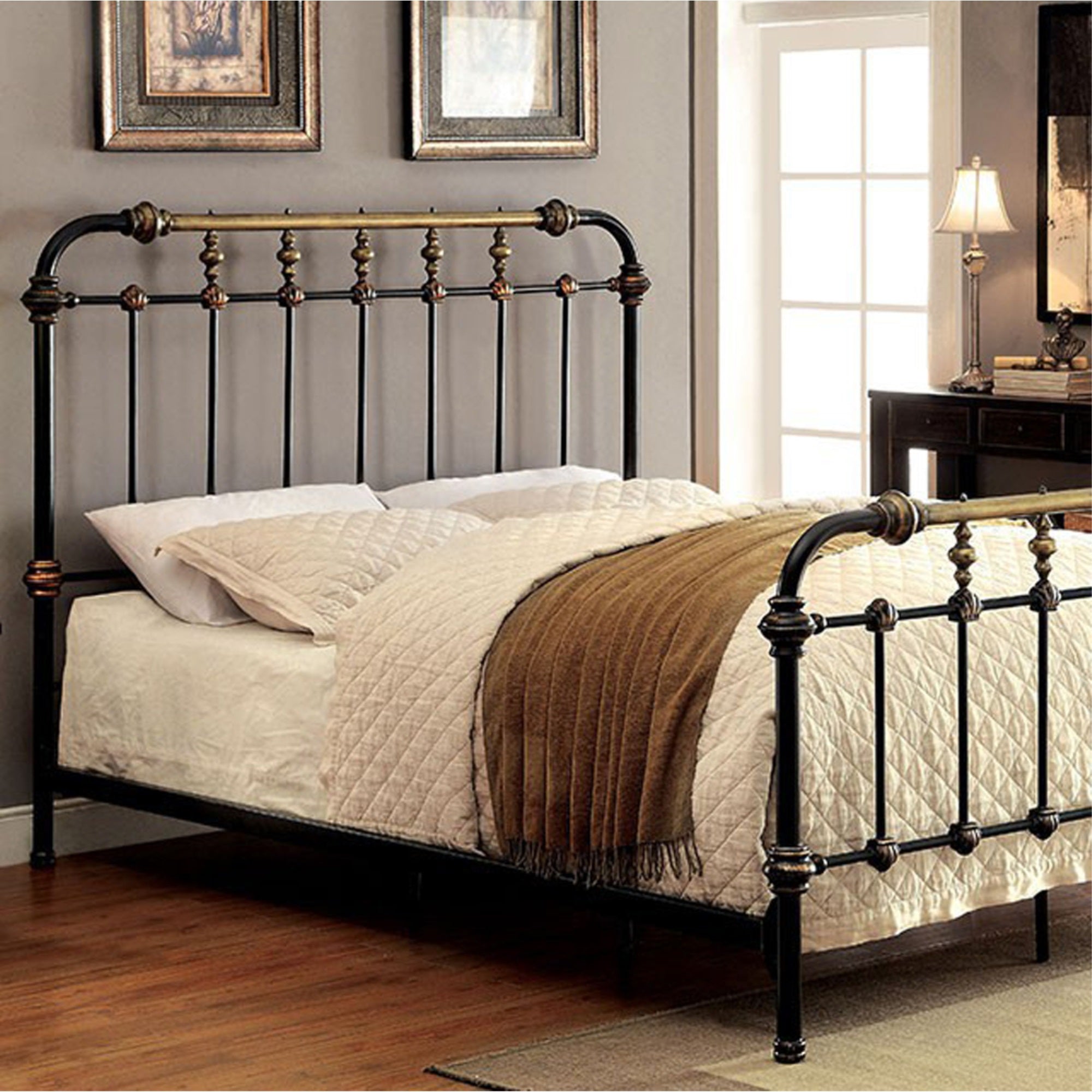 Benzara Curved Headboard Metal Full Size Bed with Spindles, Black and Gold