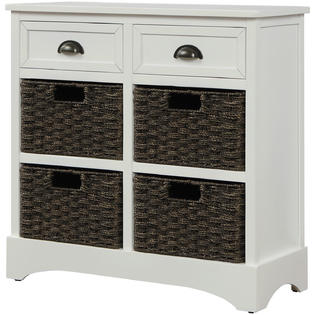 Moda Furnishings Rustic Storage Cabinet with Two Drawers and Four Classic Fabric Basket for Kitchen/Dining Room/Entryway/Living Room, Accen