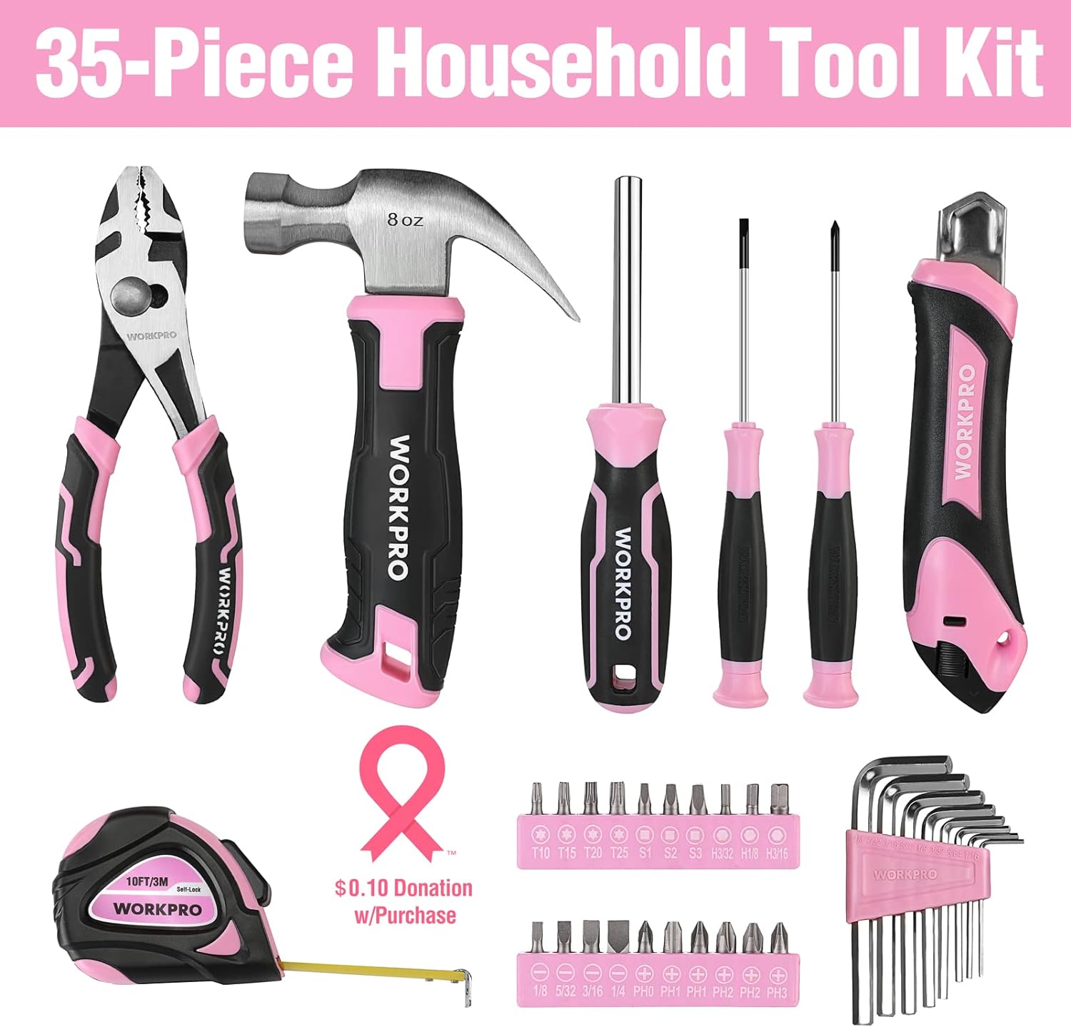Hangzhou Great Star Industrial WORKPRO 35-Piece Pink Tools Set, Household Lady Tool Kit with Storage Toolbox, Basic Tool Set for Home, Garage, Apartment, Dorm