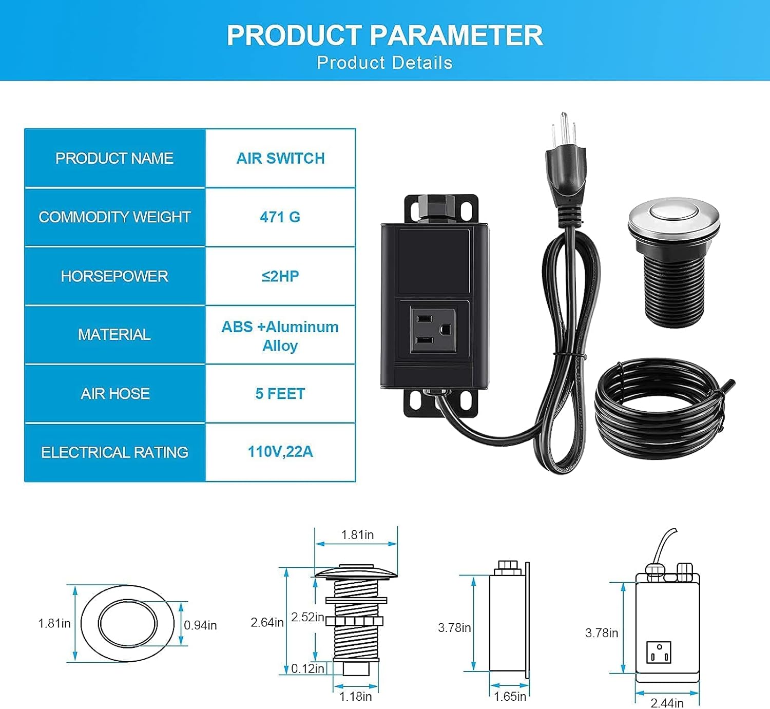 Generic HK Bundle - 2 Items Garbage Disposal Air Switch Kit with Power Cord Kit, Sink Top Waste Disposer Stainless Steel On/Off Push 2.