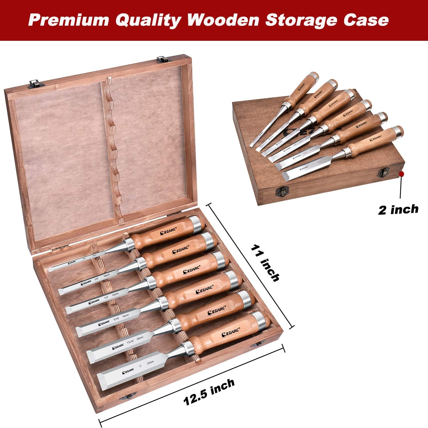 EZARC 6 Pieces Wood Chisel Tool Sets Woodworking Carving Chisel Kit with Premium Wooden Case for Carpenter Craftsman Gift for Men