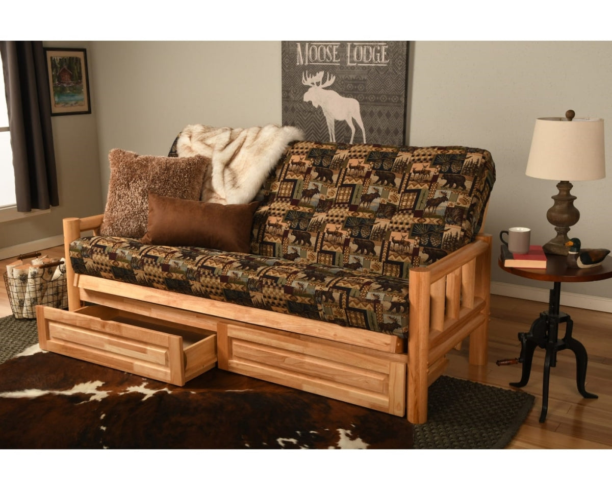 Kodiak KFLDDPCABLF5MD4 Lodge Natural Futon Frame with Peters Cabin Mattress &a; Storage Drawers - Full Size