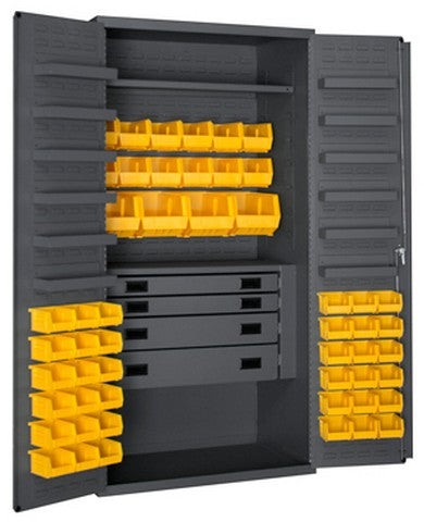 GourmetGalley 14 Gauge 12 Door Shelves Lockable Cabinet with 52 Blue Hook on Bins &a; 4 Drawers&a;#44; Gray - 36 in.