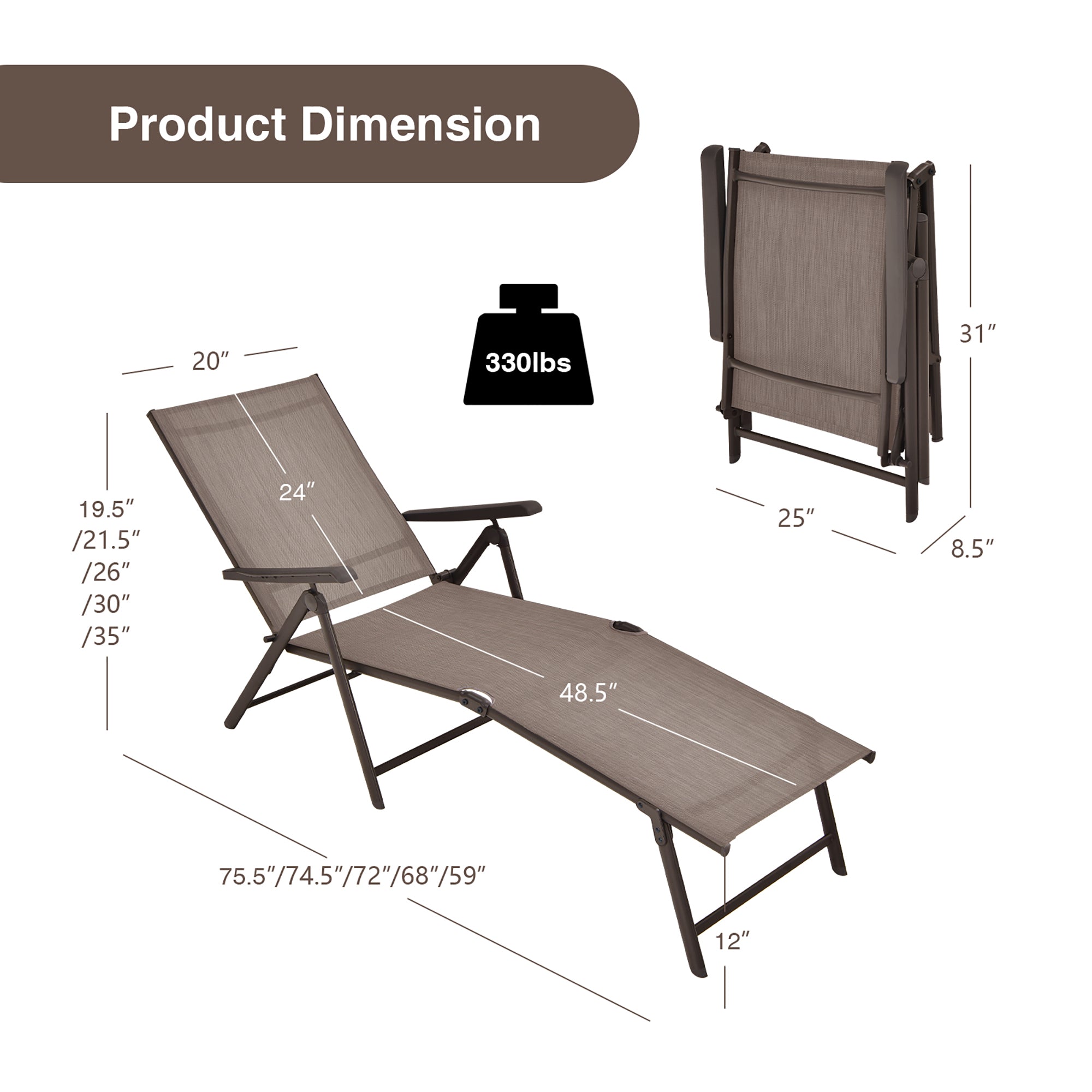 Costway Patio 2 PCS Folding Chaise Lounge Chair Outdoor Portable Reclining Lounger Grey\Brown\Black