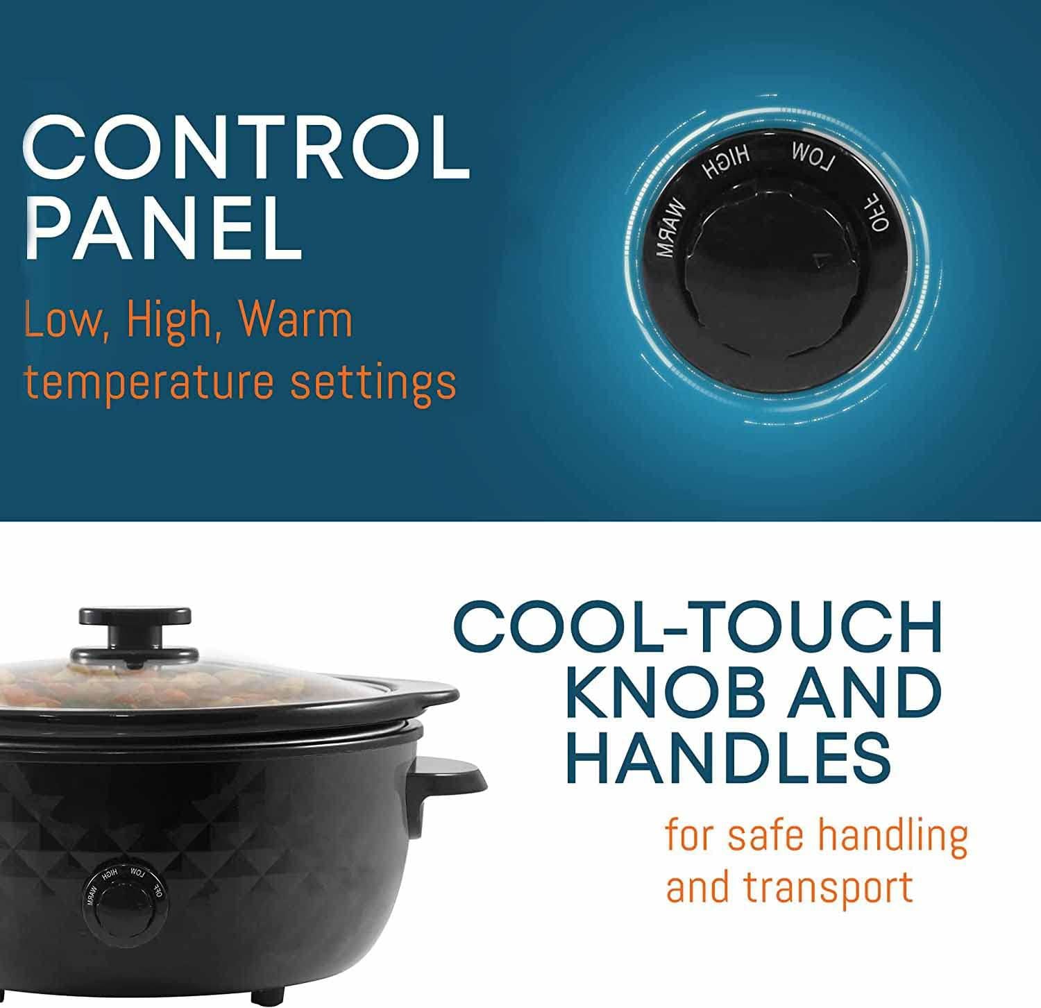 NOZAYA diamond pattern 6-quart slow cooker - removable, dishwasher-safe stoneware pot with tempered glass lid, cool-touch handles, c