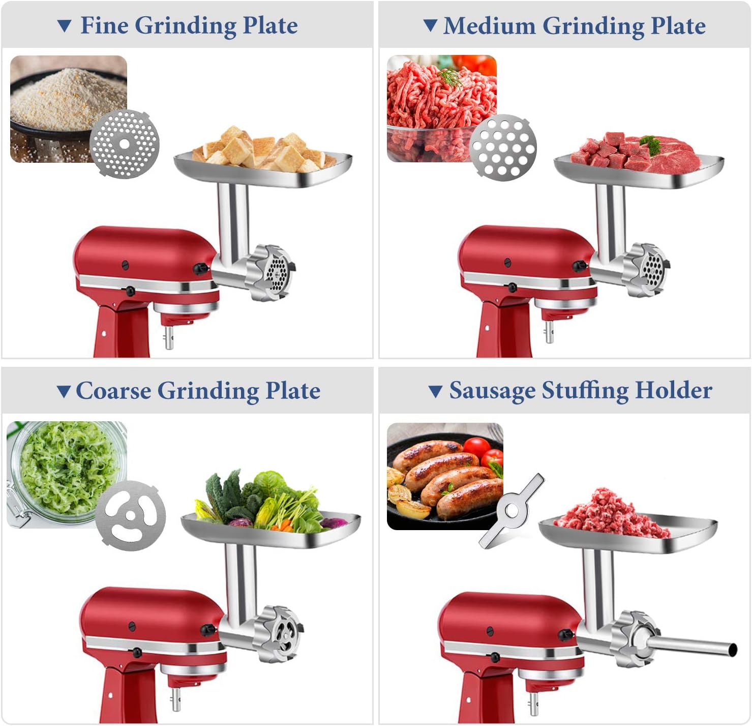 BQYPOWER Metal Food Grinder Attachment for KitchenAid Stand Mixers,  Meat Grinder Attachment Included 2 Sausage Stuffer Tubes, 3 Grindin