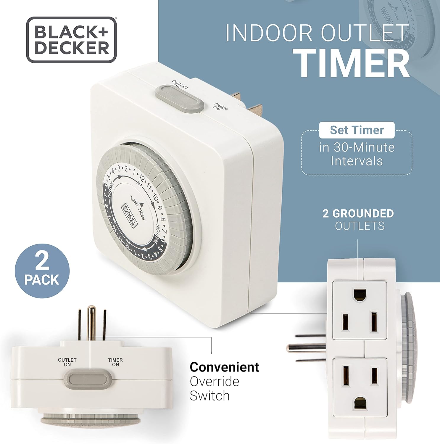 BLACK+DECKER Light Timers, Indoor, Programmable, 2 Pack, with 2 Grounded Outlets- Analog Timer Outlet with 30 Minute Intervals for Lights, L