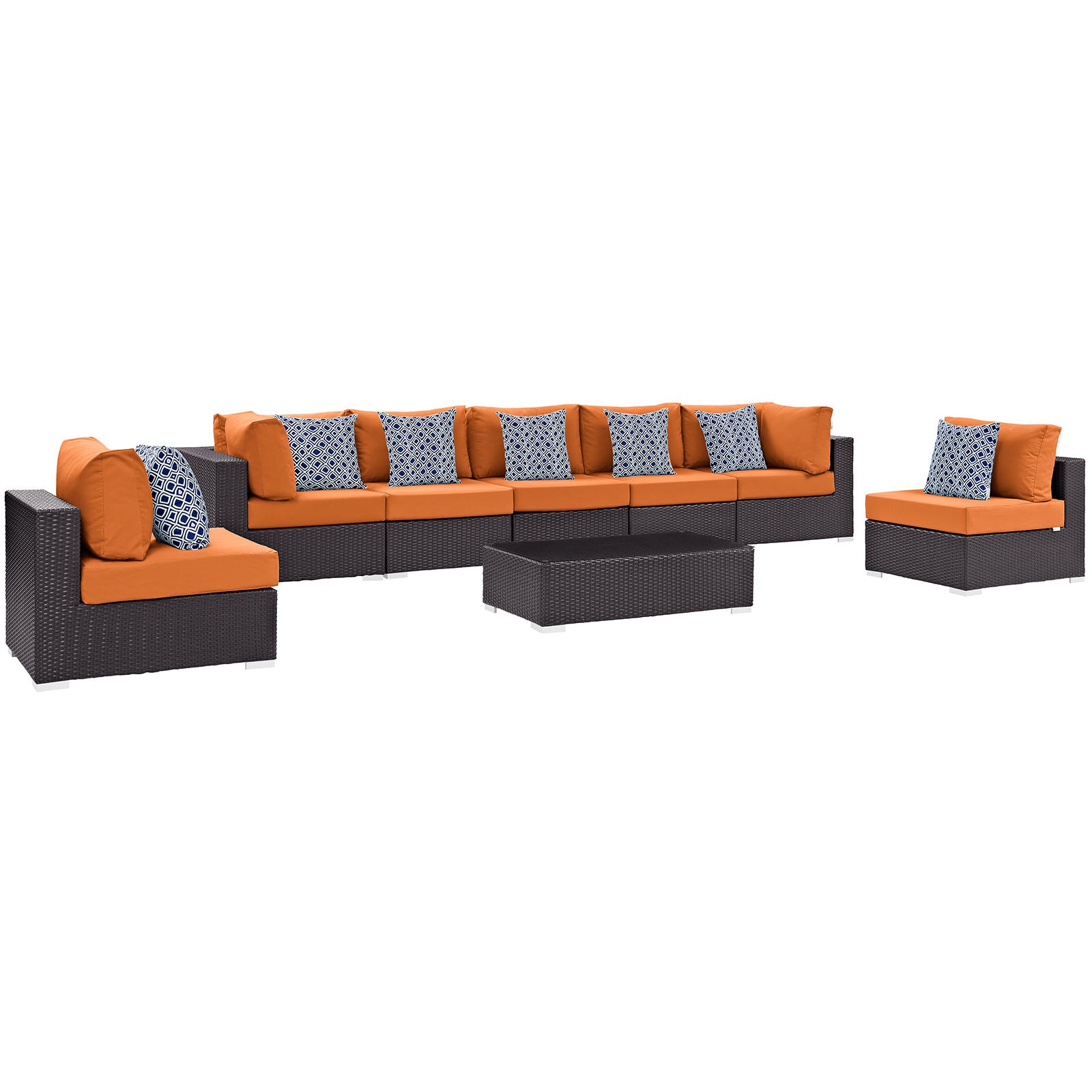 LexMod Convene 8 Piece Outdoor Patio Sectional Set in Espresso Orange