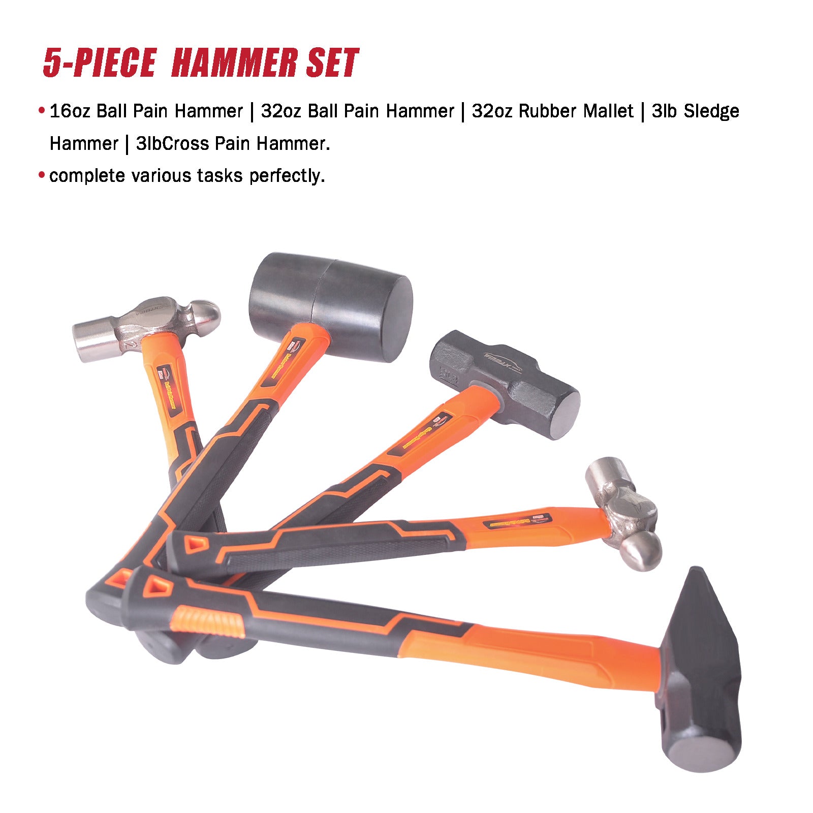Great Choice Products 5Pcs Hammer Set Cross Pein Hammer Ball Pein Hammer Rubber Mallet Sledge Hammer