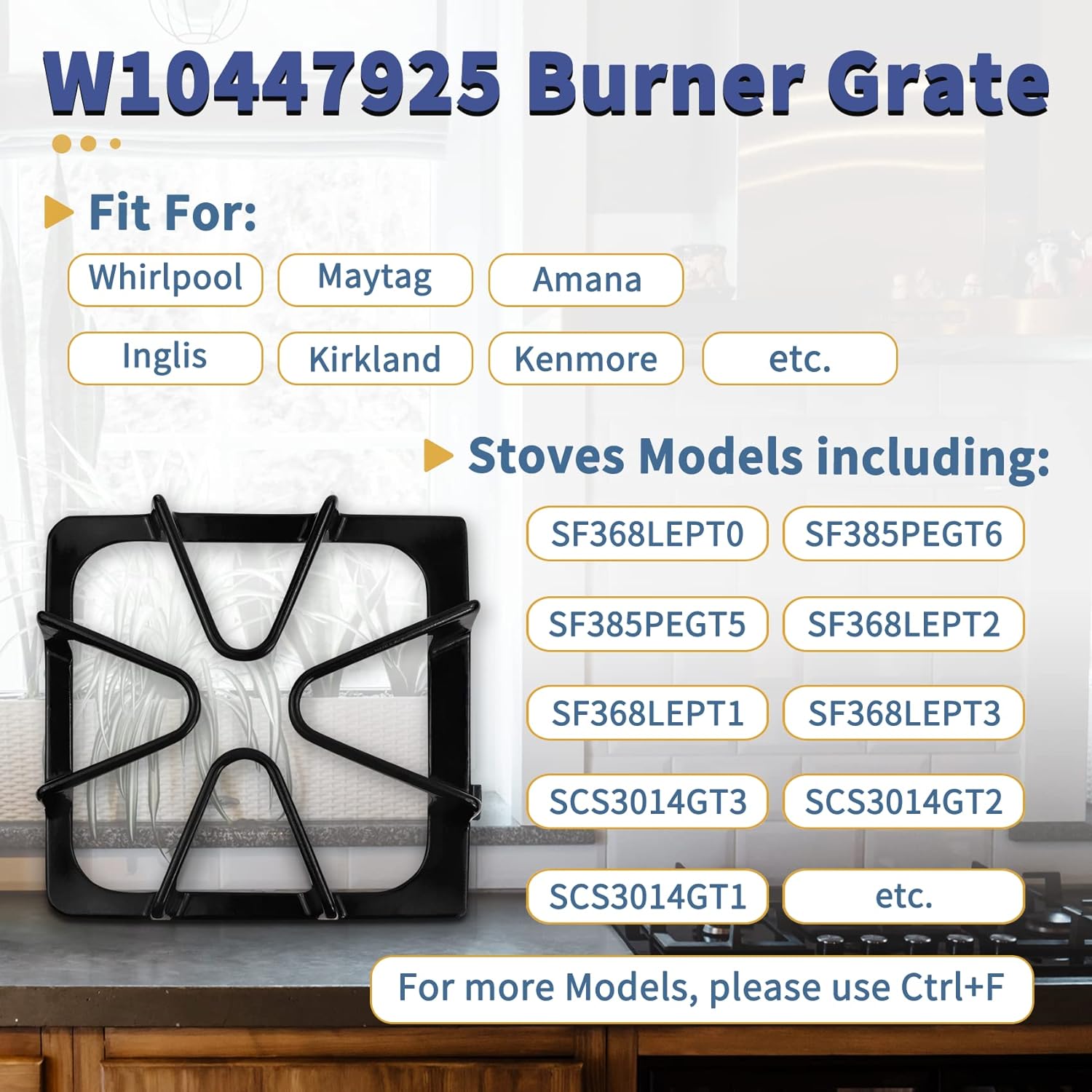 Vanesa W10447925 Stove Burner Grate for whirlpool Stove Replacement Parts Gas Range Rack Set for maytag amana kenmore etc, Burner Top