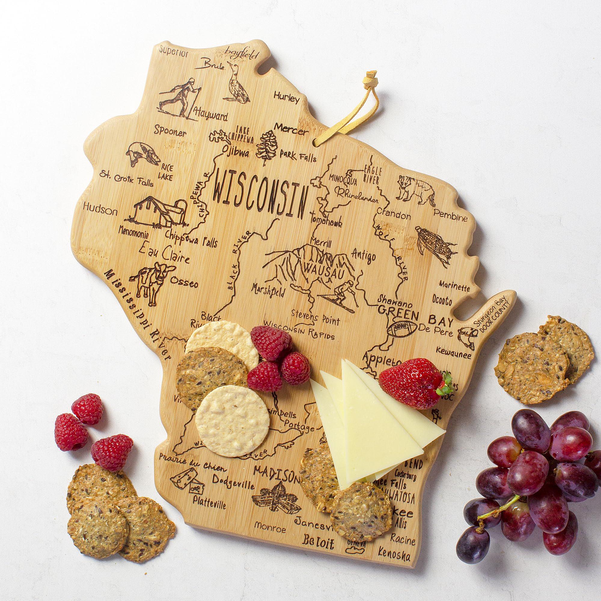 totally bamboo destination wisconsin state shaped serving and cutting board, includes hang tie for wall display
