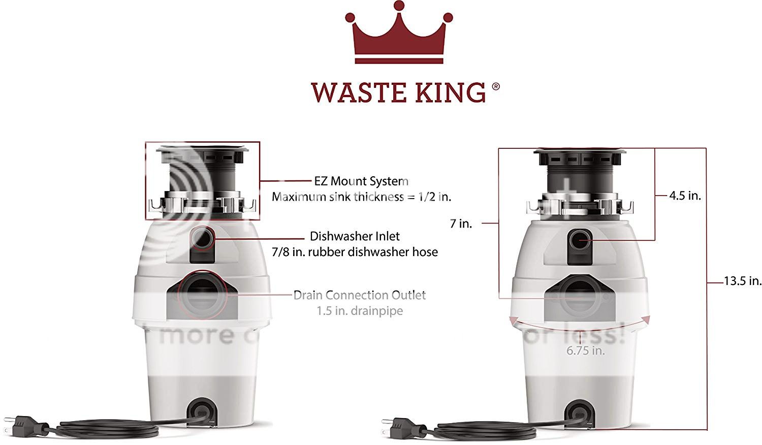 Waste King L-2600 Garbage Disposal with Power Cord, 1/2 HP