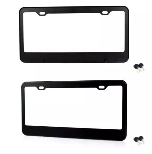 BLVD 2PCS BLACK STAINLESS STEEL METAL LICENSE PLATE FRAME TAG COVER SCREW CAPS+Screws