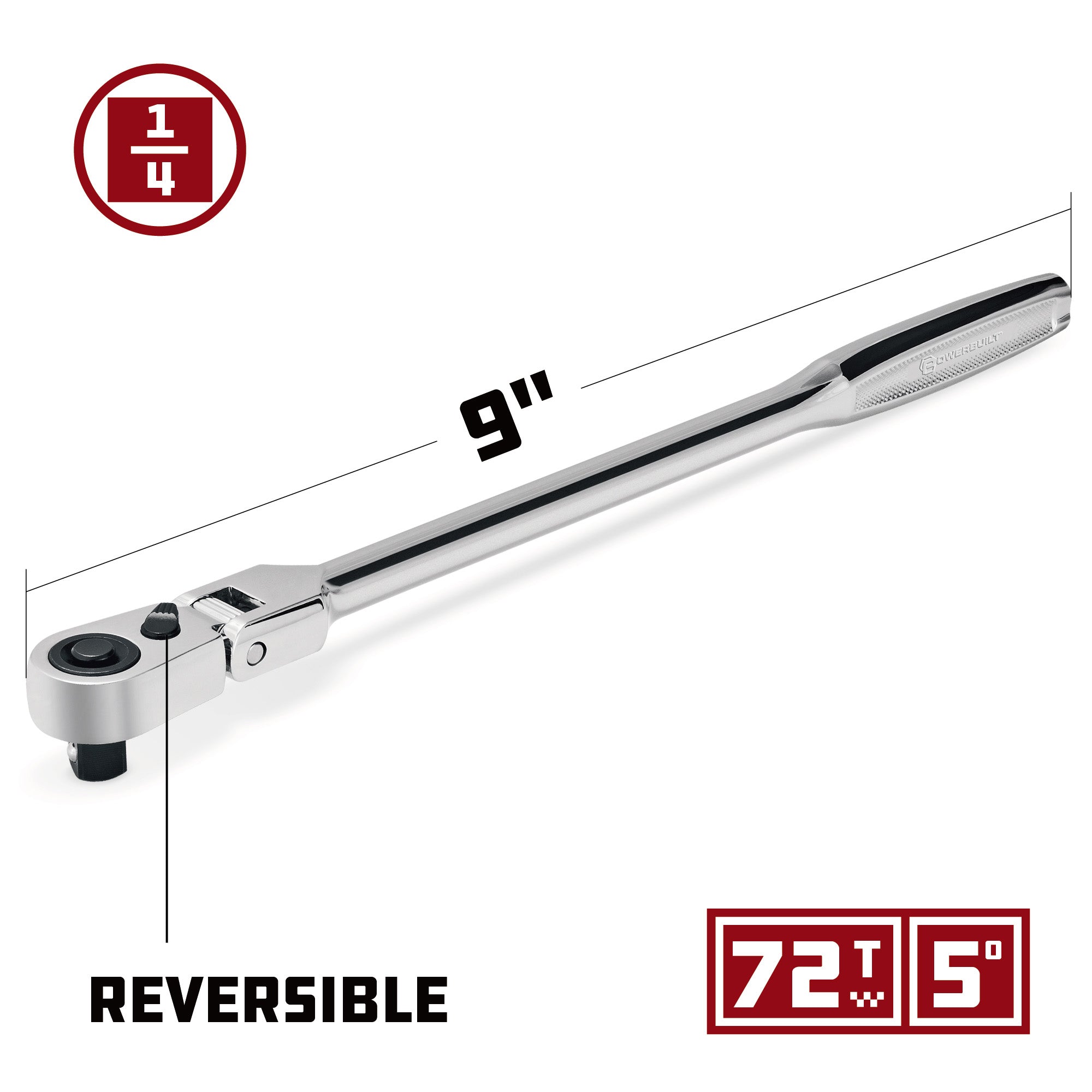 Powerbuilt 1/4 Inch Drive 72 Tooth Pro Tech 9 Inch Long Reach Flex Head Ratchet with Contour Handle - 649951