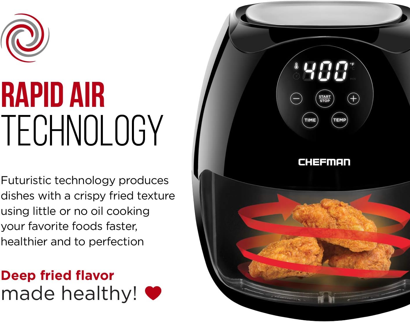 CHEFMAN Digital 3.5 Quart Touch Screen Air Fryer Oven w/ Space Saving Flat Basket, Healthy Oil-Free Airfryer w/ 60 Minute Timer