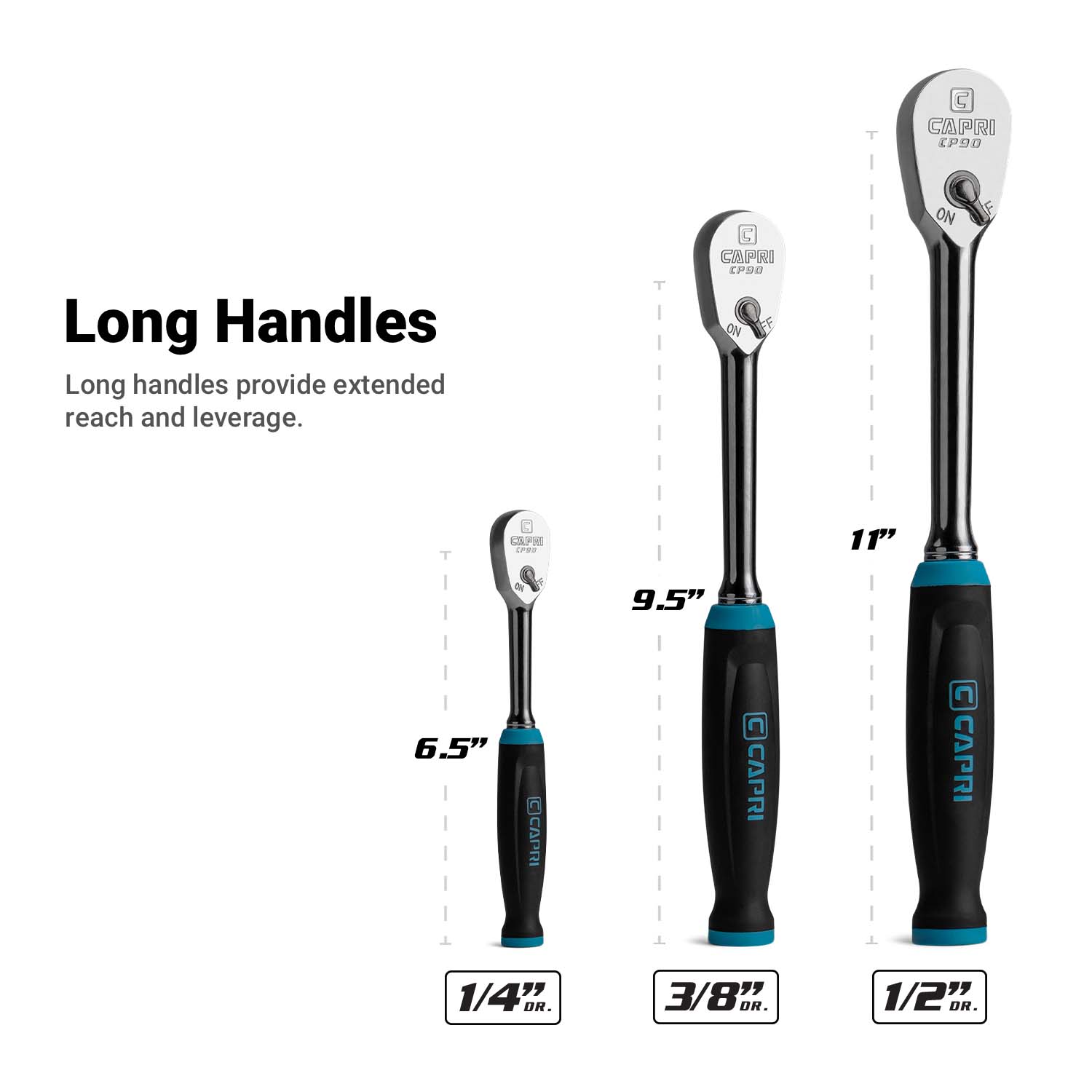 Capri Tools Fine 90-Tooth Ratchet Set, Ergonomic Soft Grip, 1/4, 3/8, 1/2 in. Drive, 3-Piece