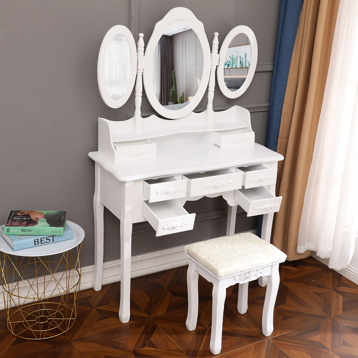 Great Choice Products Bedroom Vanity Makeup Dressing Table With Mirror Jewelry Desk With 7 Drawers