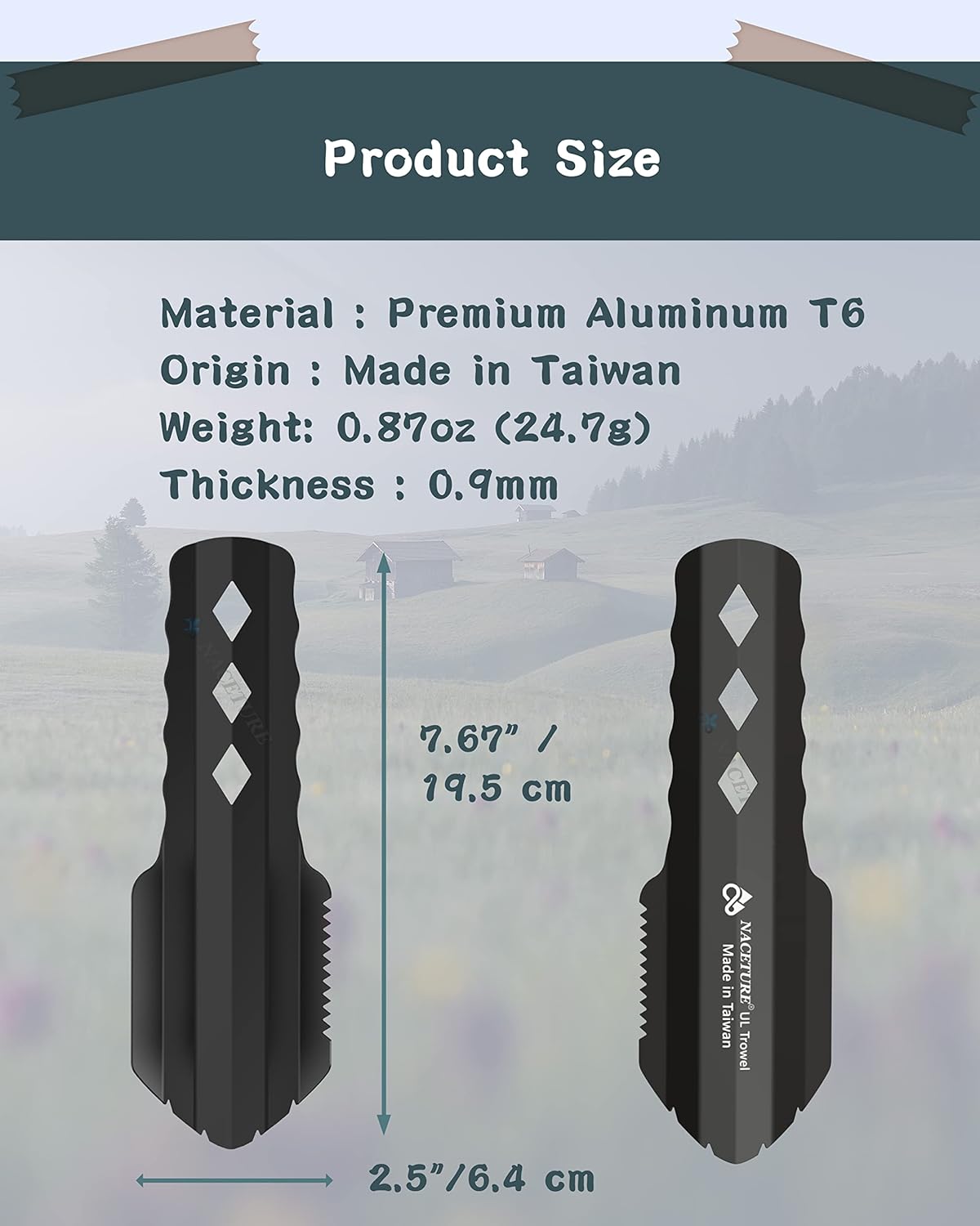 NACETURE Ultralight Backpacking Trowel Aluminum Shovel Small Potty Multitool with Longer Handle Design Essential for Hiking, Camping and