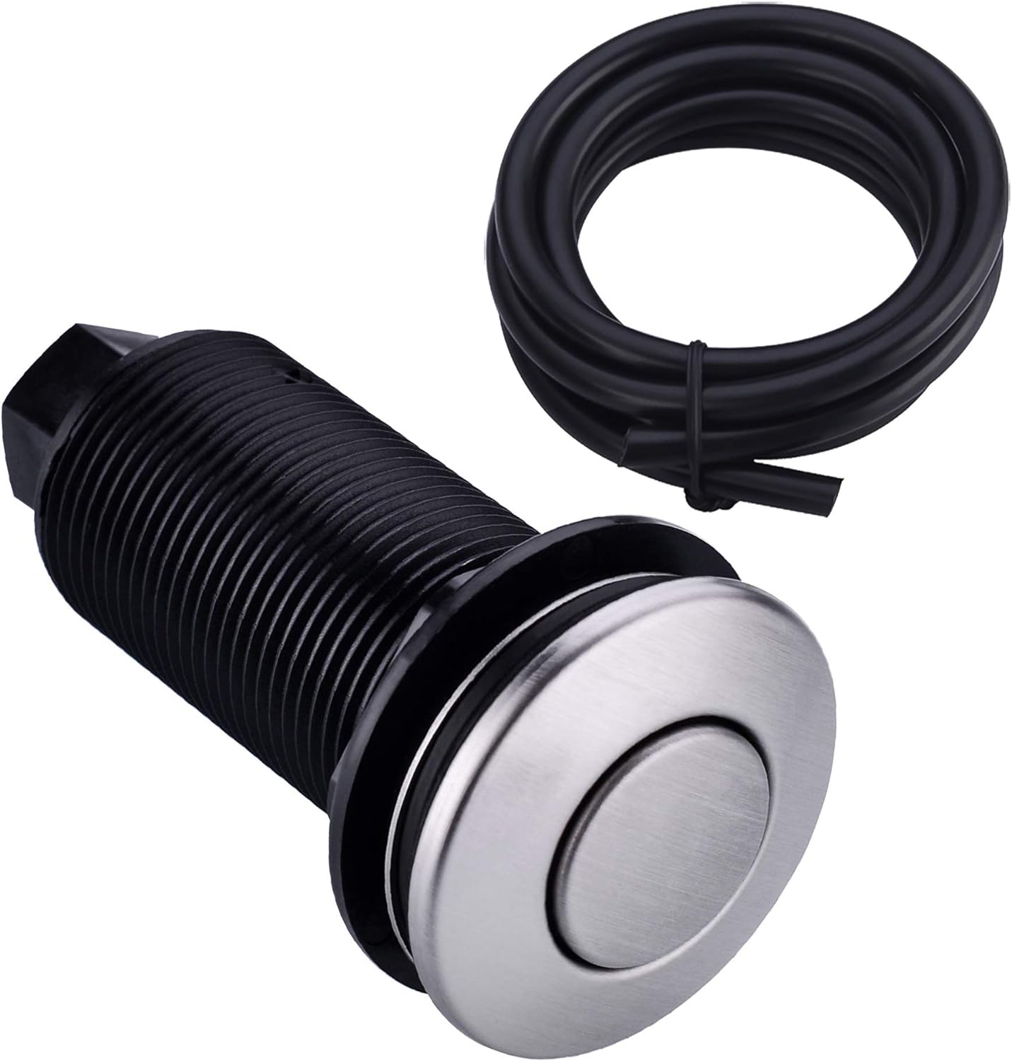 BeStill Sink Top Garbage Disposal Air Switch Button with Air Hose, Matte Black (Long Button with Brass Cover)