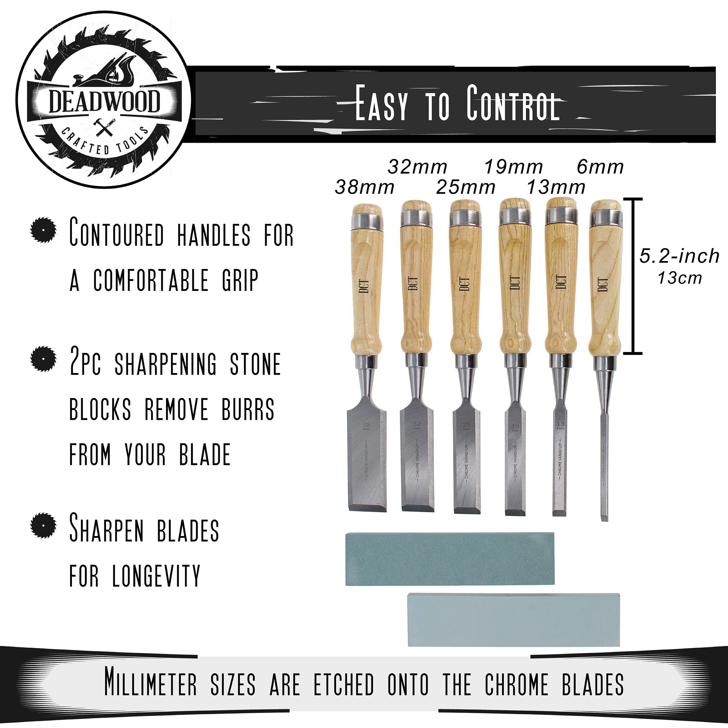 deadwood crafted tools wood carving tools kit - 6pc wood carving chisel set with 2pc sharpening whetstone and wooden box