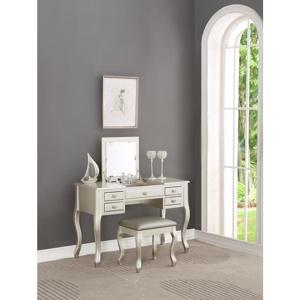 Poundex Wooden Makeup Vanity Set Desk, Mirror and Stool - Silver, 43