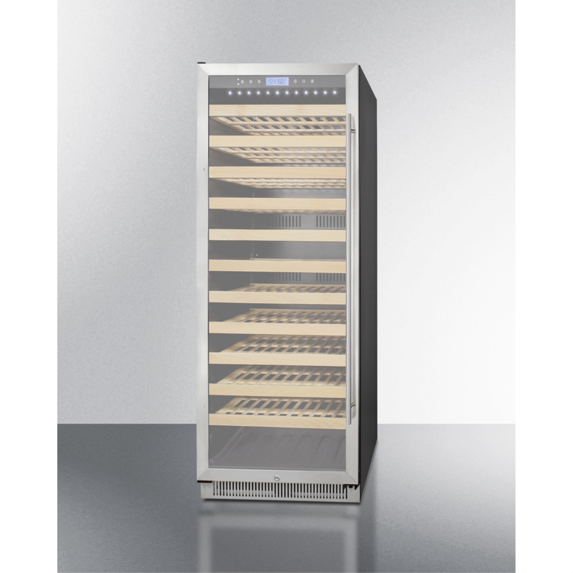 Summit Upright single-zone wine cellar with glass door, digital thermostat, and black cabinet