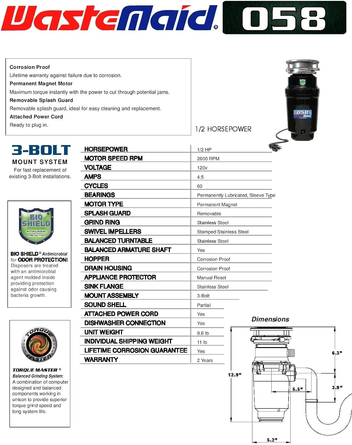 Waste Maid 10-US-WM-058-3B Garbage Disposal, 1/2 HP Economy, Black