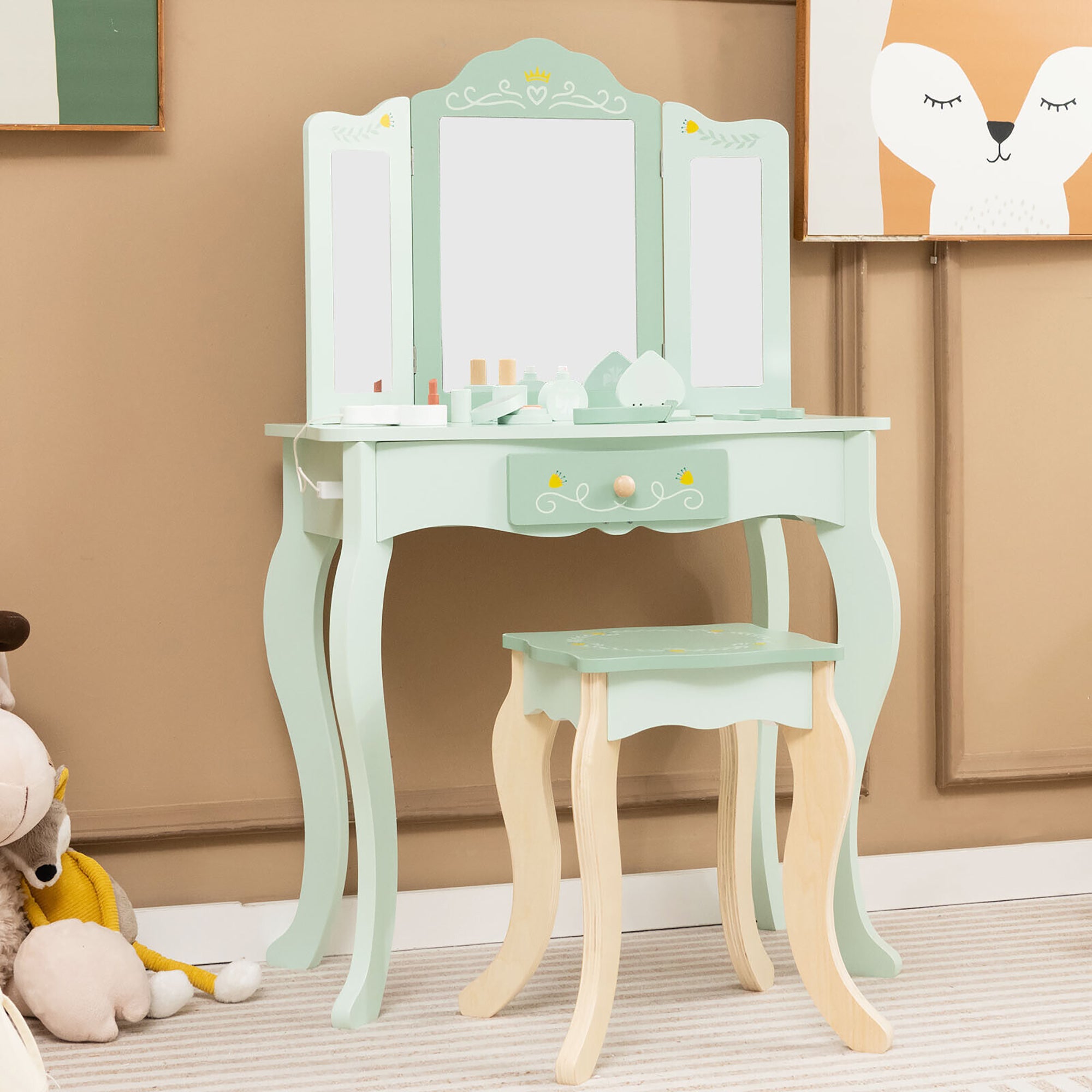 Gymax Kids Vanity Set Makeup Table &a; Chair Tri-folding Mirror Sweet Accessories Green