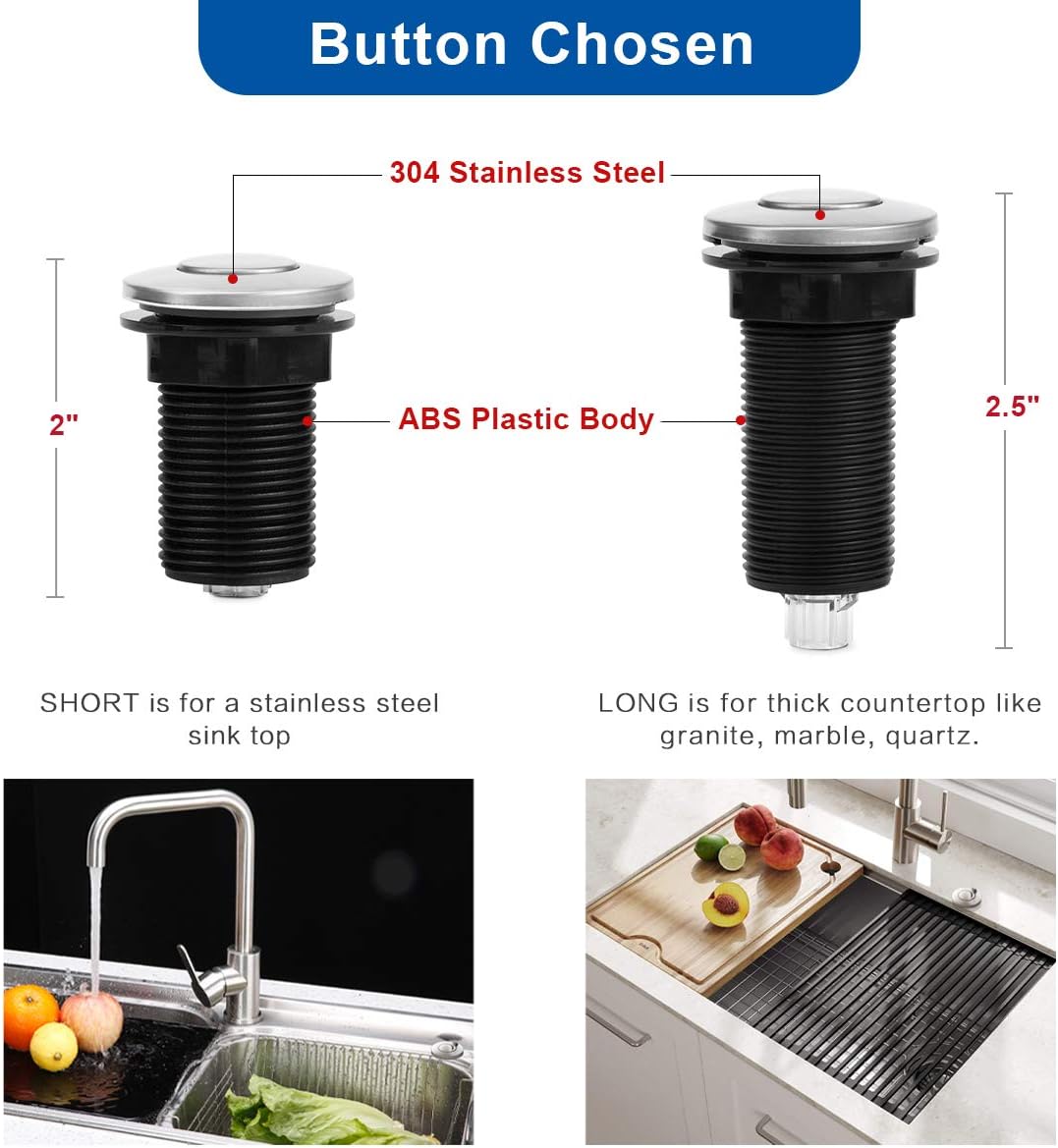 Cleesink Garbage Disposal Air Switch Kit Dual Outlet Sink Top Waste Disposer On/Off Switches with ABS Power Module Long Stainless Steel