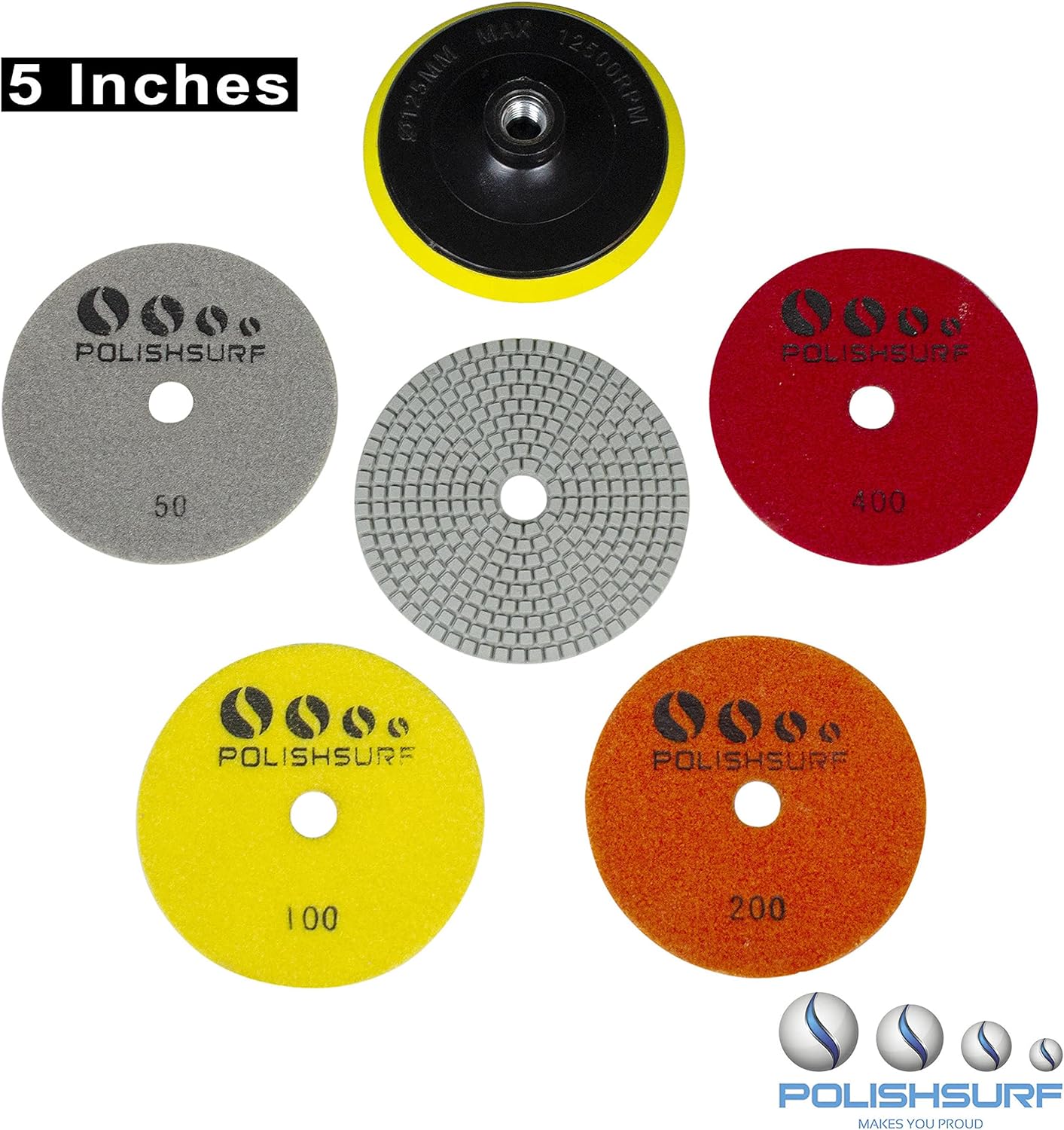 POLISHSURF 5 Inch Diamond Concrete Polishing Pads Wet Dry Set for Quartz Marble Stone Countertop Concrete Granite Polishing