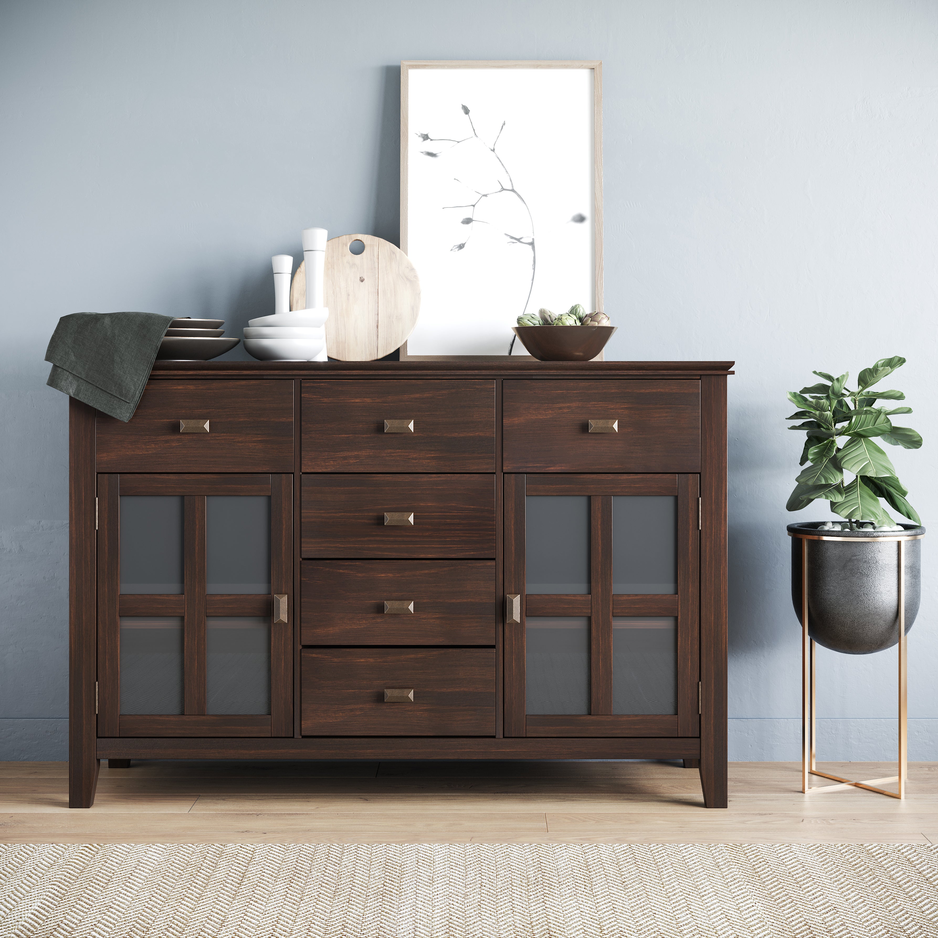 Simpli Home Artisan SOLID WOOD 54 inch Wide Transitional Sideboard Buffet Credenza in Dark Chestnut Brown