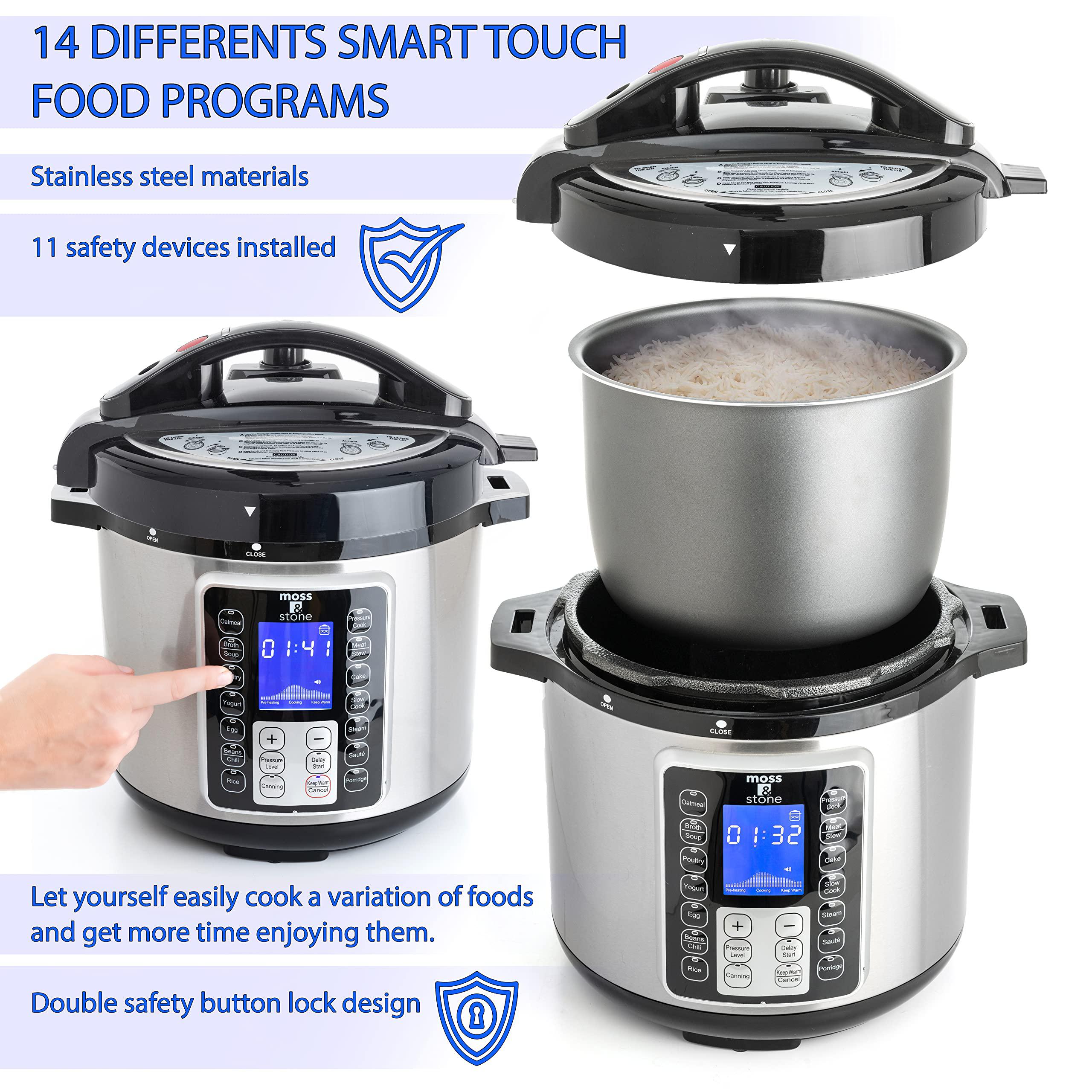 moss &a; stone electric pressure cooker with large lcd display, multi-use 6 quart electric pot, 14 in 1 slow cooker, rice cooke