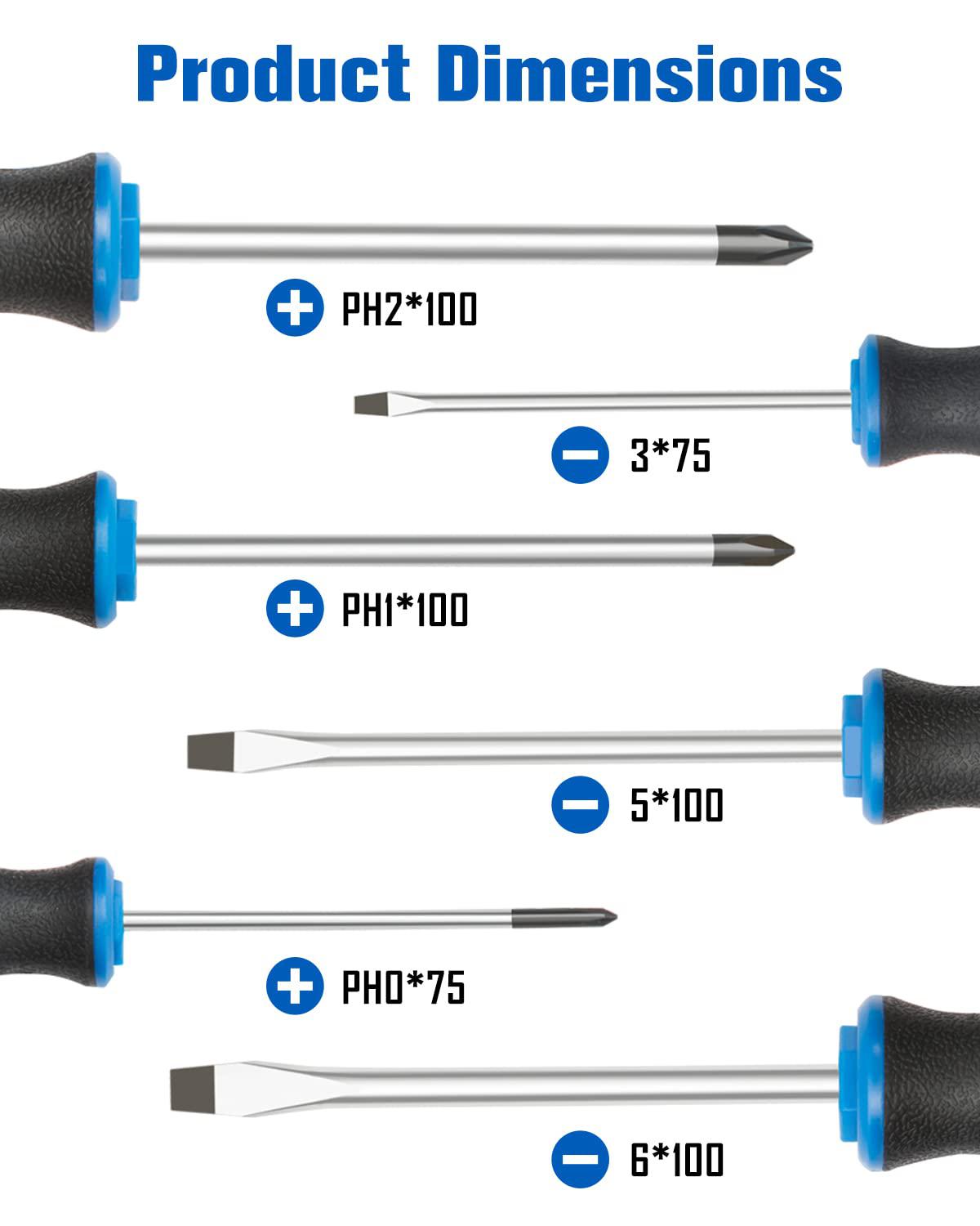 Rotation 6pcs magnetic tip screwdriver set, 3 phillips and 3 flat, professional cushion grip | 6-piece hand tools set