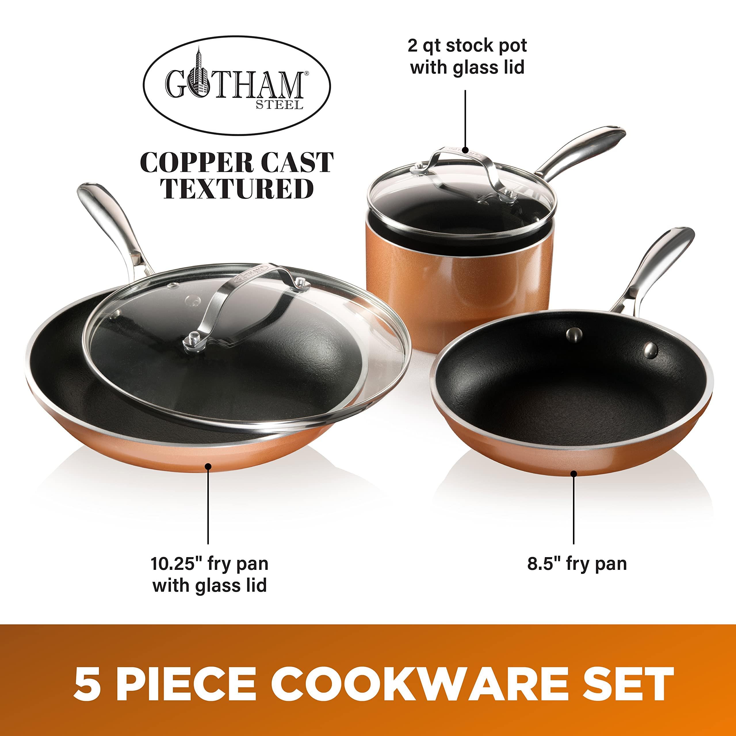 gotham steel copper cast 5 piece cookware, pots and pan set with triple coated nonstick copper surface &a; aluminum composition