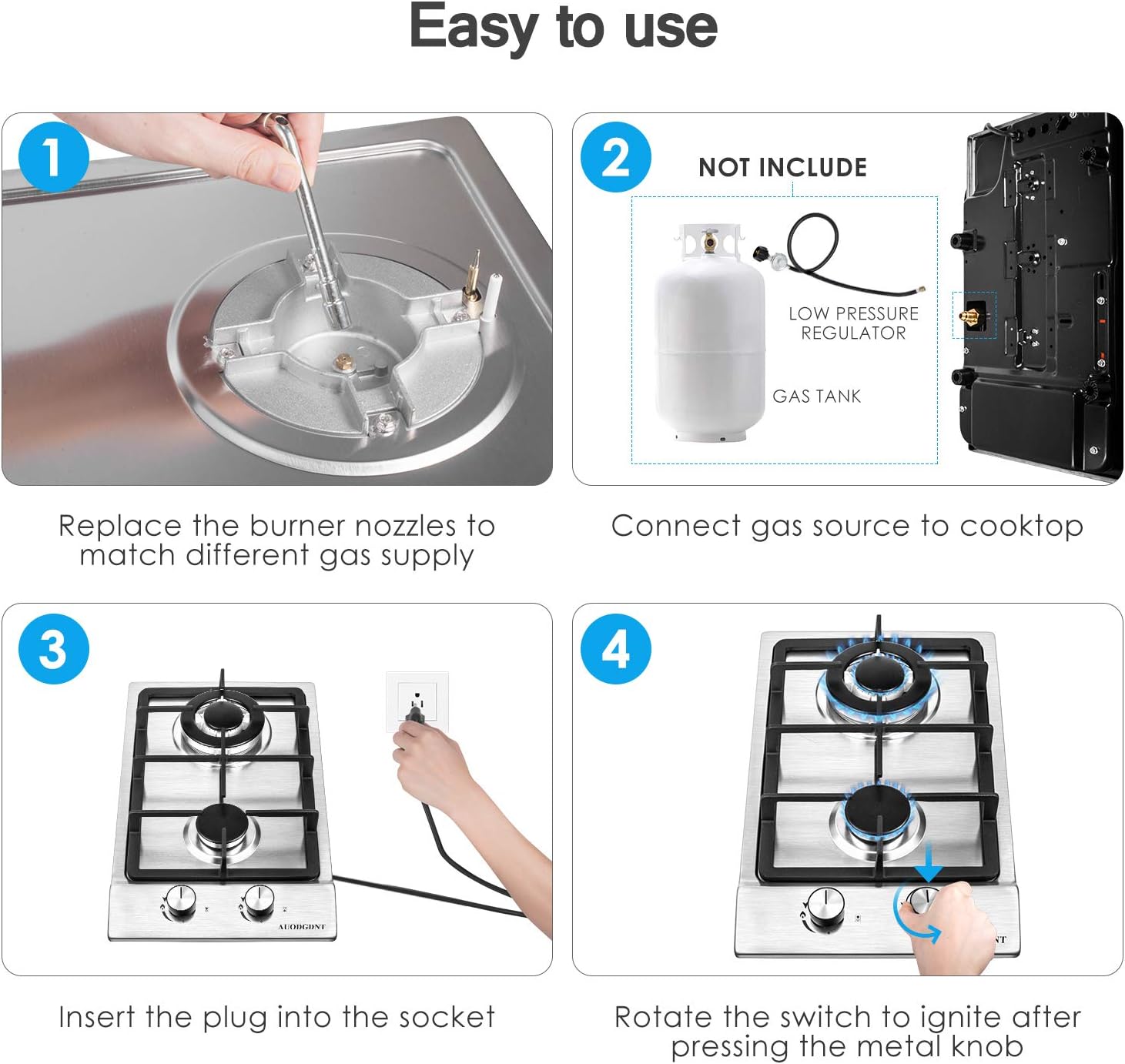 AUODGDNT Gas Stove Gas Cooktop 2 Burners,12 Inches Portable Stainless Steel Built-in Gas Hob LPG/NG Dual Fuel Easy to Clean for RVs, Apa