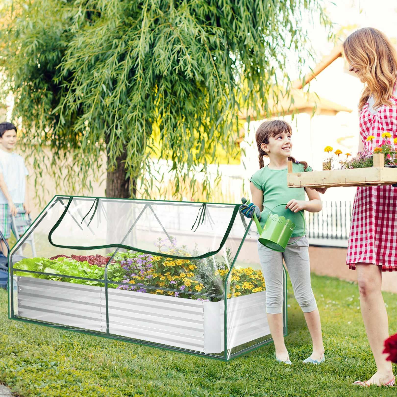 SEJOV 6x3x1ft Raised Garden Bed Extra-Thick Galvanized Steel Raised Bed Planter Kit Box w/Greenhouse 2 Large Zipper Windows Dual Use