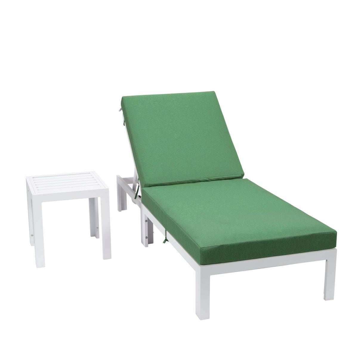 LeisureMod Chelsea Modern Outdoor White Chaise Lounge Chair With Side Table &a; Cushions