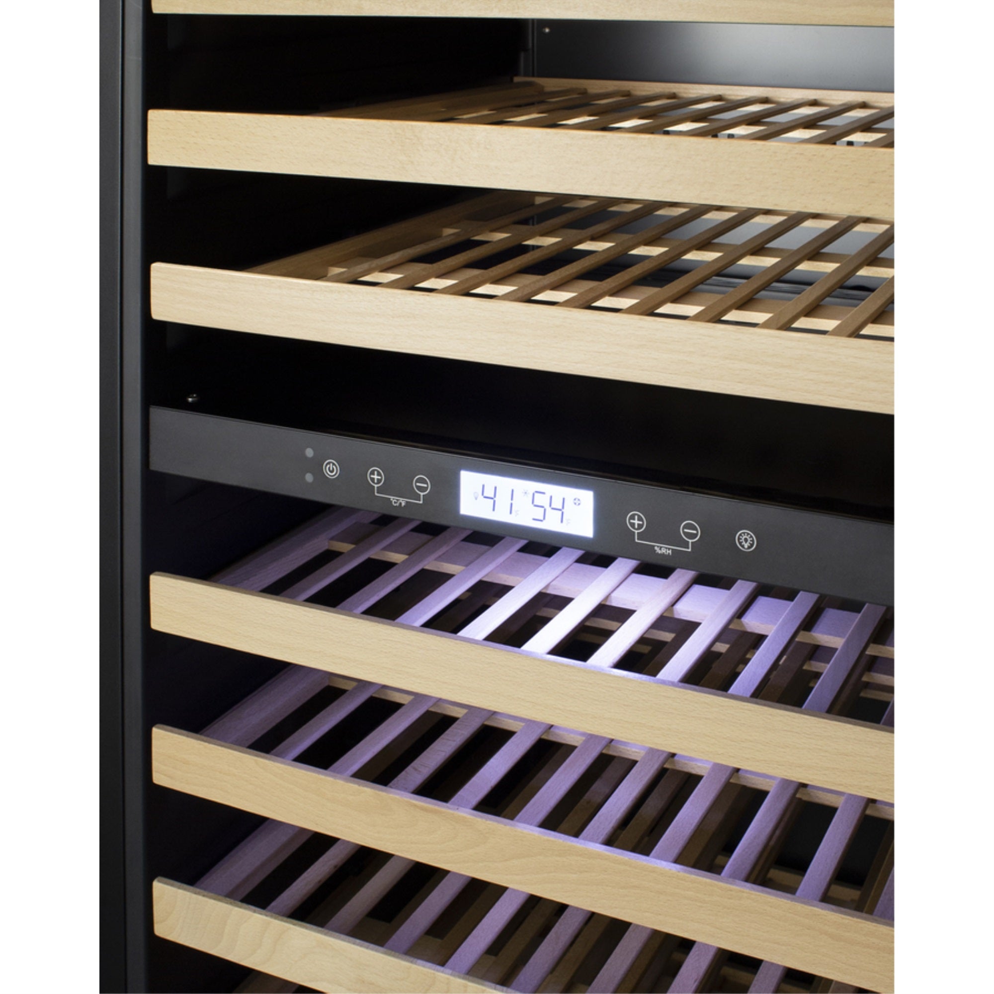 Summit Upright dual zone wine cellar with glass door, digital thermostat, and black cabinet