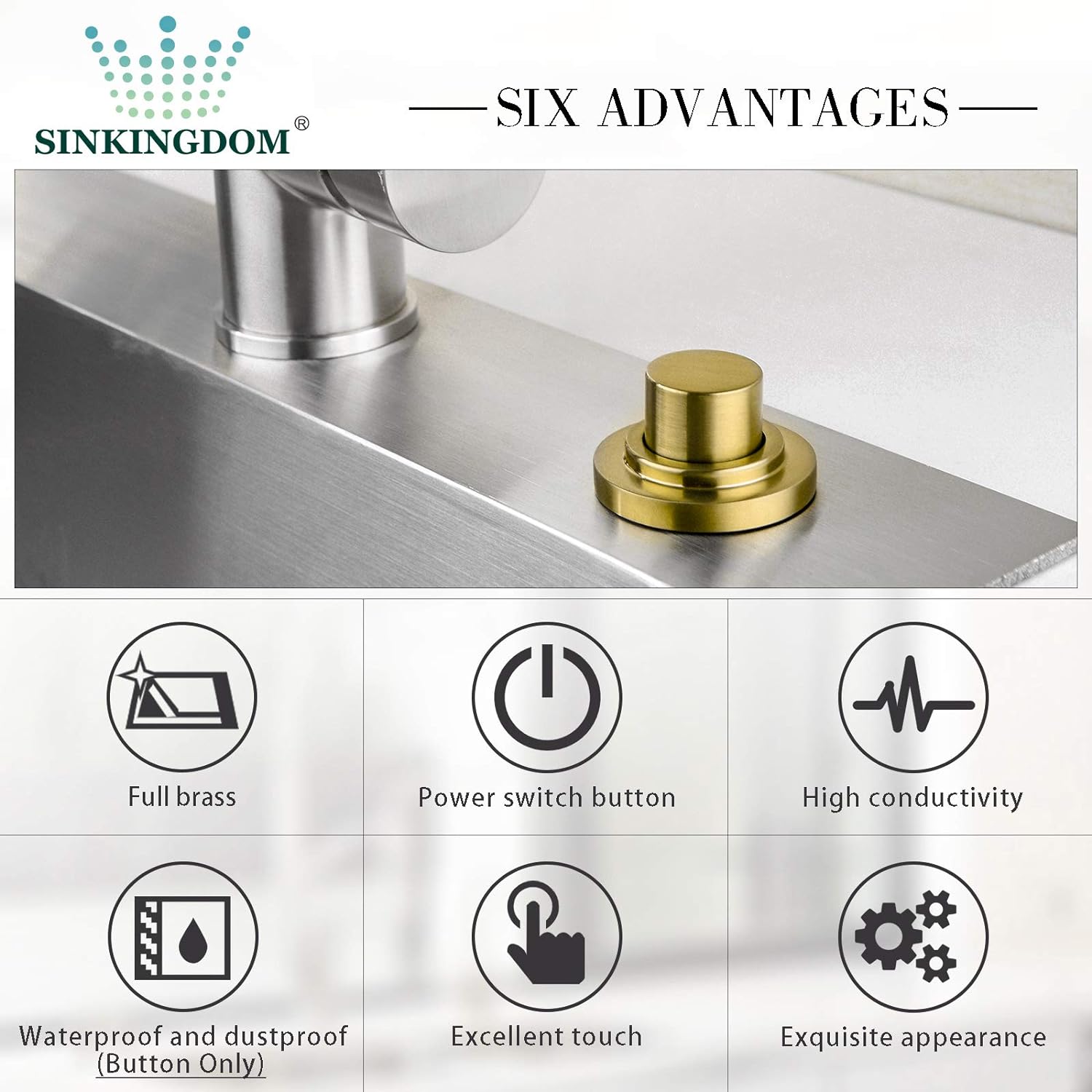 SINKINGDOM SinkTop Air Switch Kit with Brass Gold Long Button (Full Brass) for Garbage Disposal,without cabel