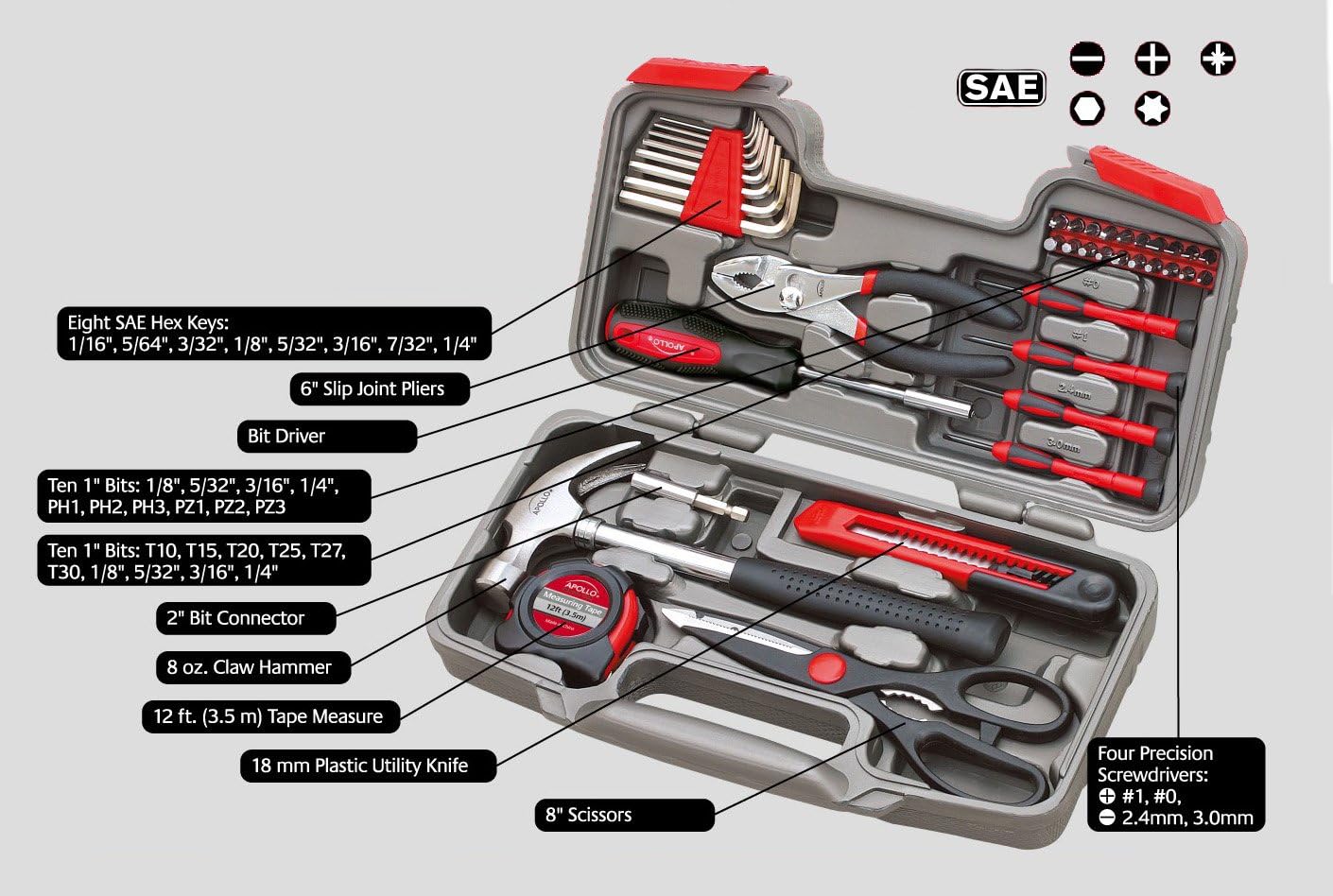 Apollo Tools DT9706 Original 39 Piece General Repair Hand Tool Set with Tool Box Storage Case , Red