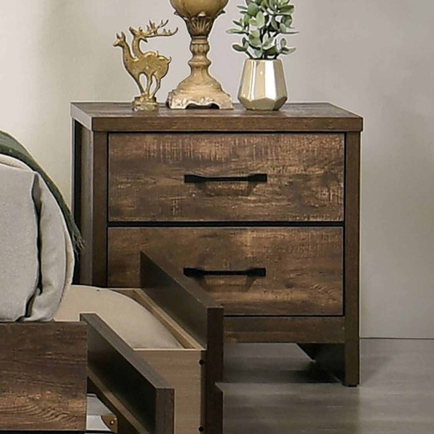 Esofastore Queen Size Bed w Underbed Side Drawers 2x Nightstands Light Walnut 3pc Bedroom Set Contemporary Furniture